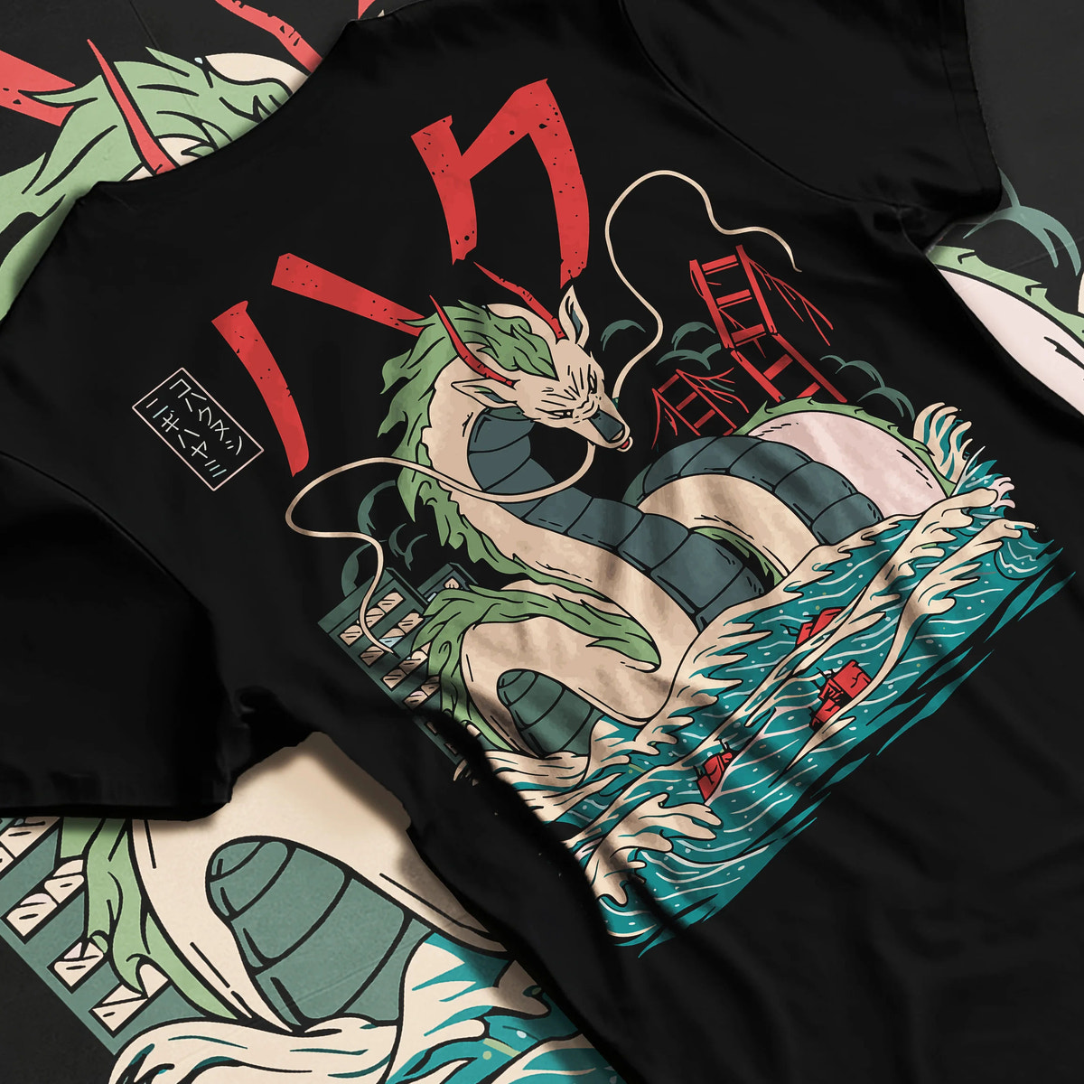 Black T-shirt flat back view showing Haku from Naruto: Naruto water-dragon illustration