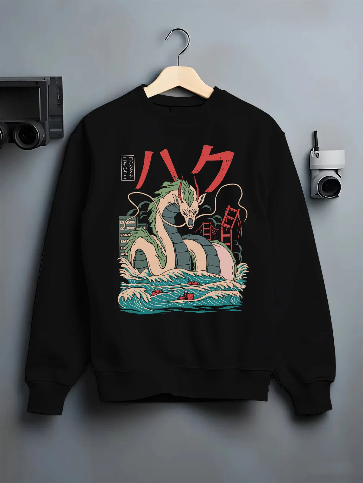 Black crewneck sweatshirt on hanger showing Haku from Naruto: Naruto water-dragon illustration