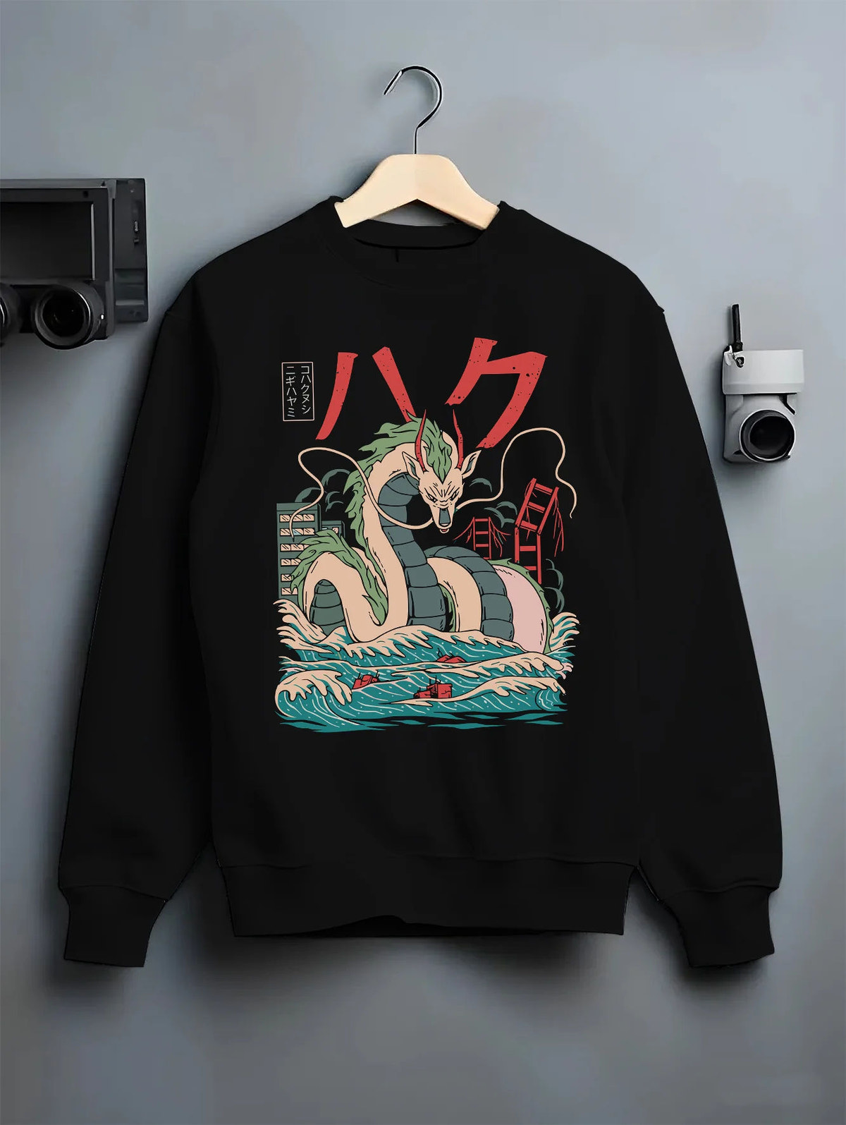 Black crewneck sweatshirt on hanger showing Haku from Naruto: Naruto water-dragon illustration
