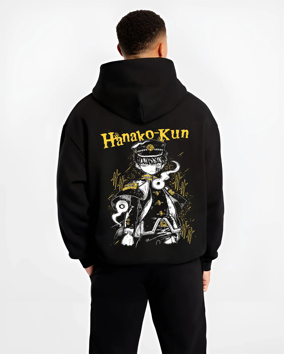 Black hoodie model back view showing Hanako-kun from Toilet-Bound Hanako-kun: black-and-gold school uniform portrait