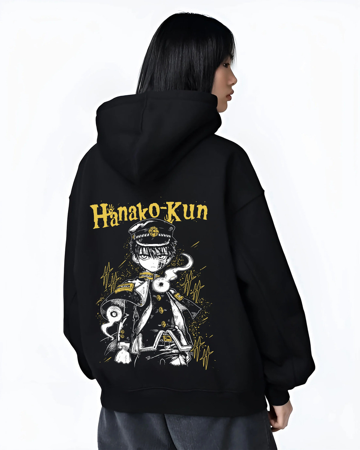 Black hoodie female model back view showing Hanako-kun from Toilet-Bound Hanako-kun: black-and-gold school uniform portrait