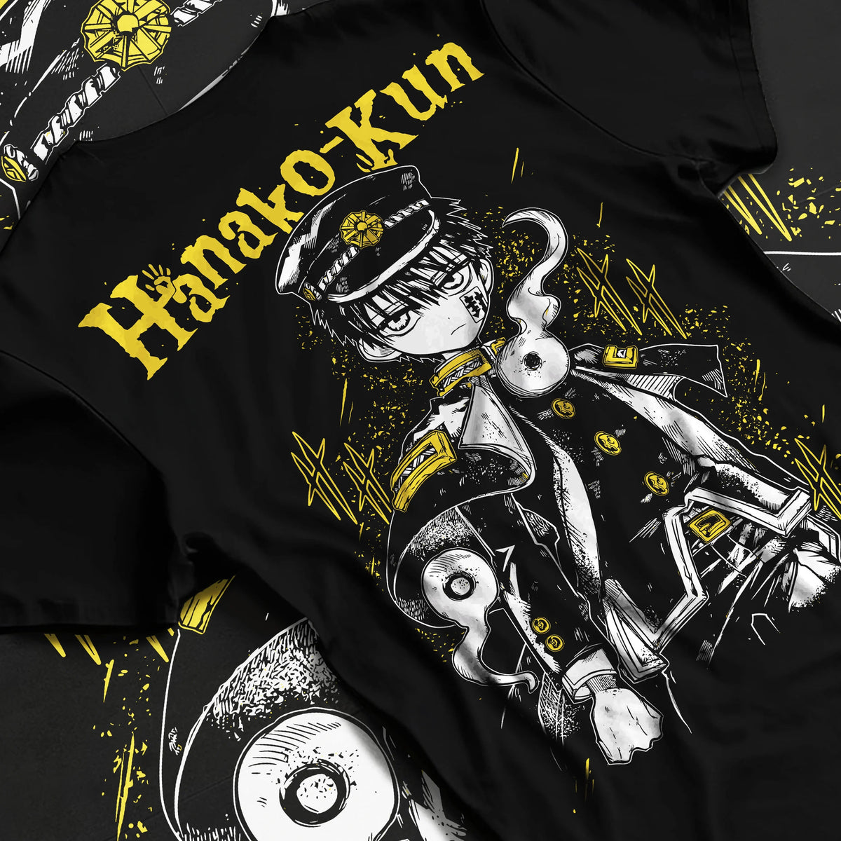 Black T-shirt flat back view showing Hanako-kun from Toilet-Bound Hanako-kun: black-and-gold school uniform portrait