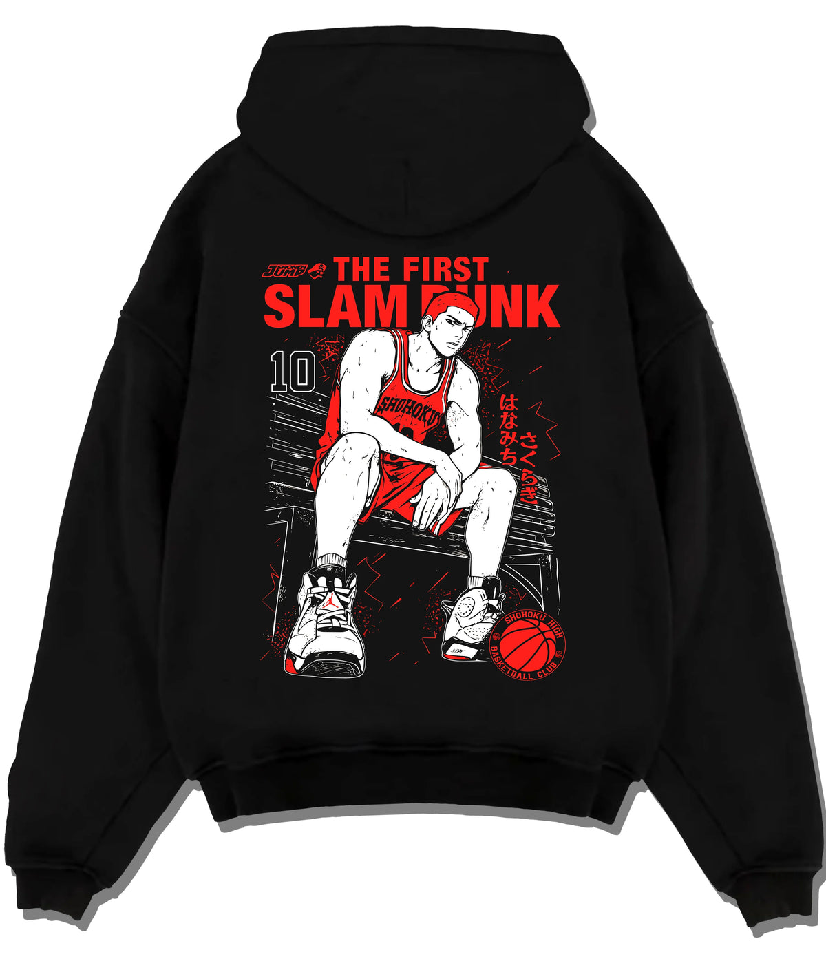 Black hoodie flat back view showing Hanamichi Sakuragi from Slam Dunk: Slam Dunk bench pose