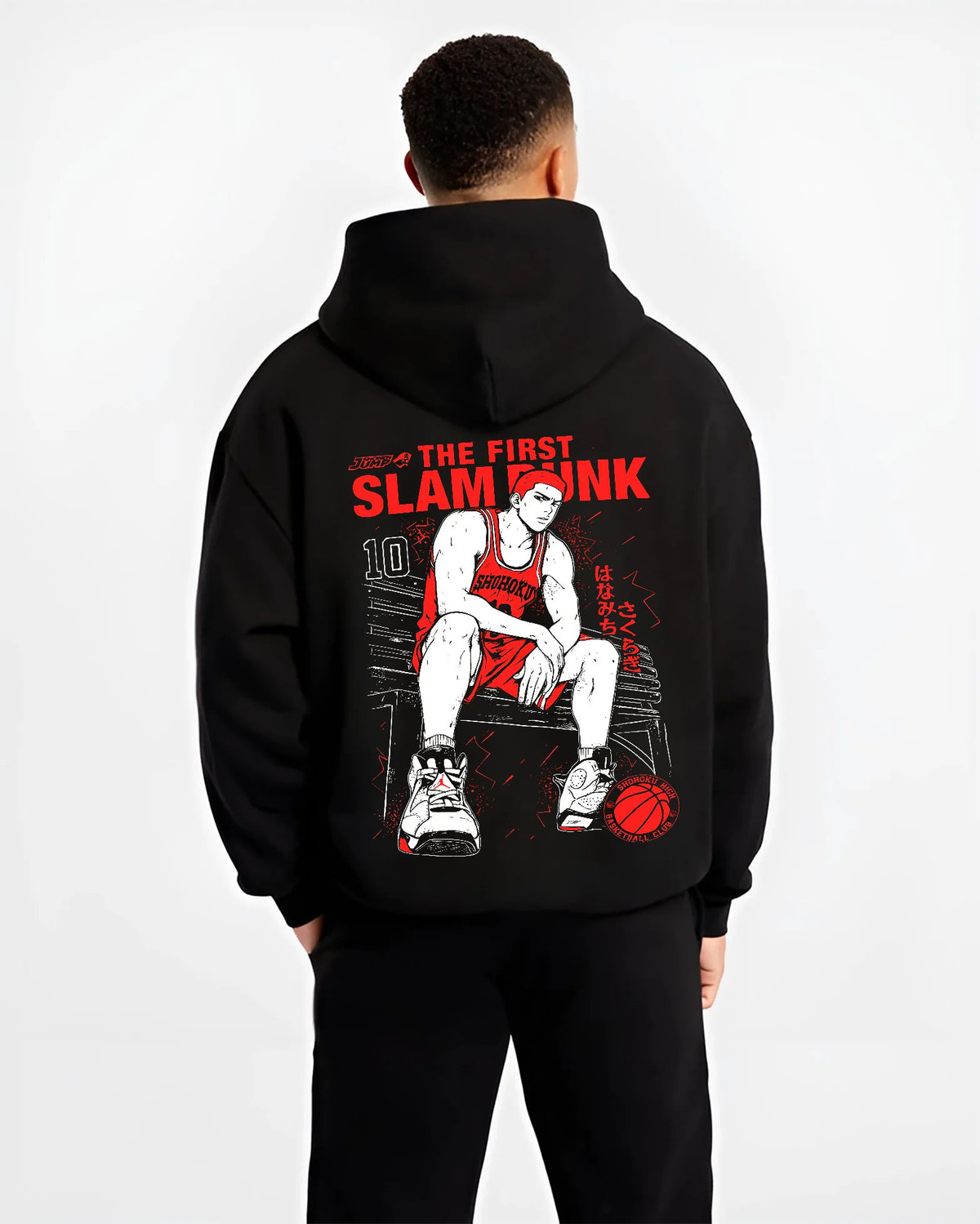 Black hoodie model back view showing Hanamichi Sakuragi from Slam Dunk: Slam Dunk bench pose