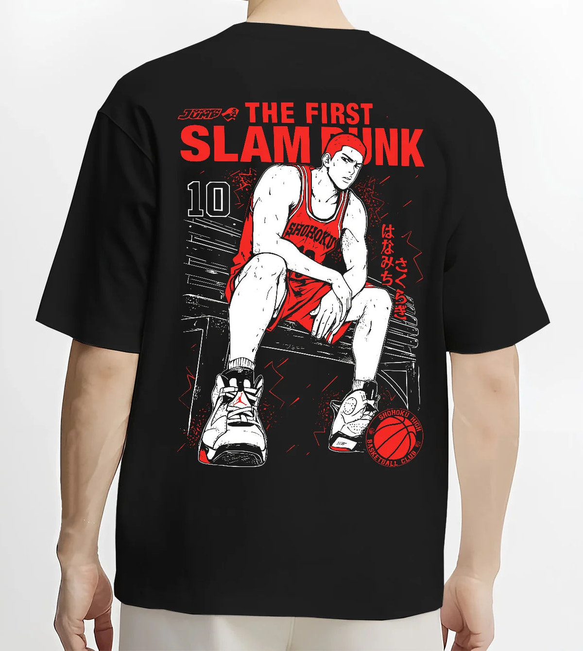 Black T-shirt model back view showing Hanamichi Sakuragi from Slam Dunk: Slam Dunk bench pose