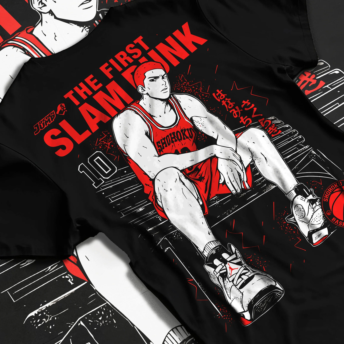 Black T-shirt flat back view showing Hanamichi Sakuragi from Slam Dunk: Slam Dunk bench pose