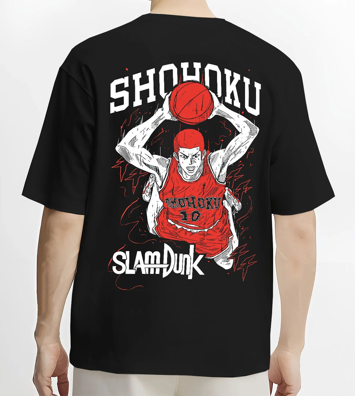 Black T-shirt model back view showing Hanamichi Sakuragi from Slam Dunk: Shohoku basketball poster