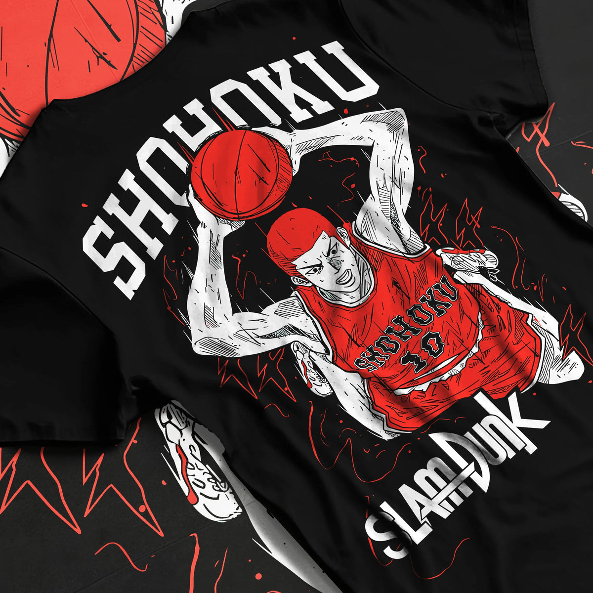 Black T-shirt flat back view showing Hanamichi Sakuragi from Slam Dunk: Shohoku basketball poster