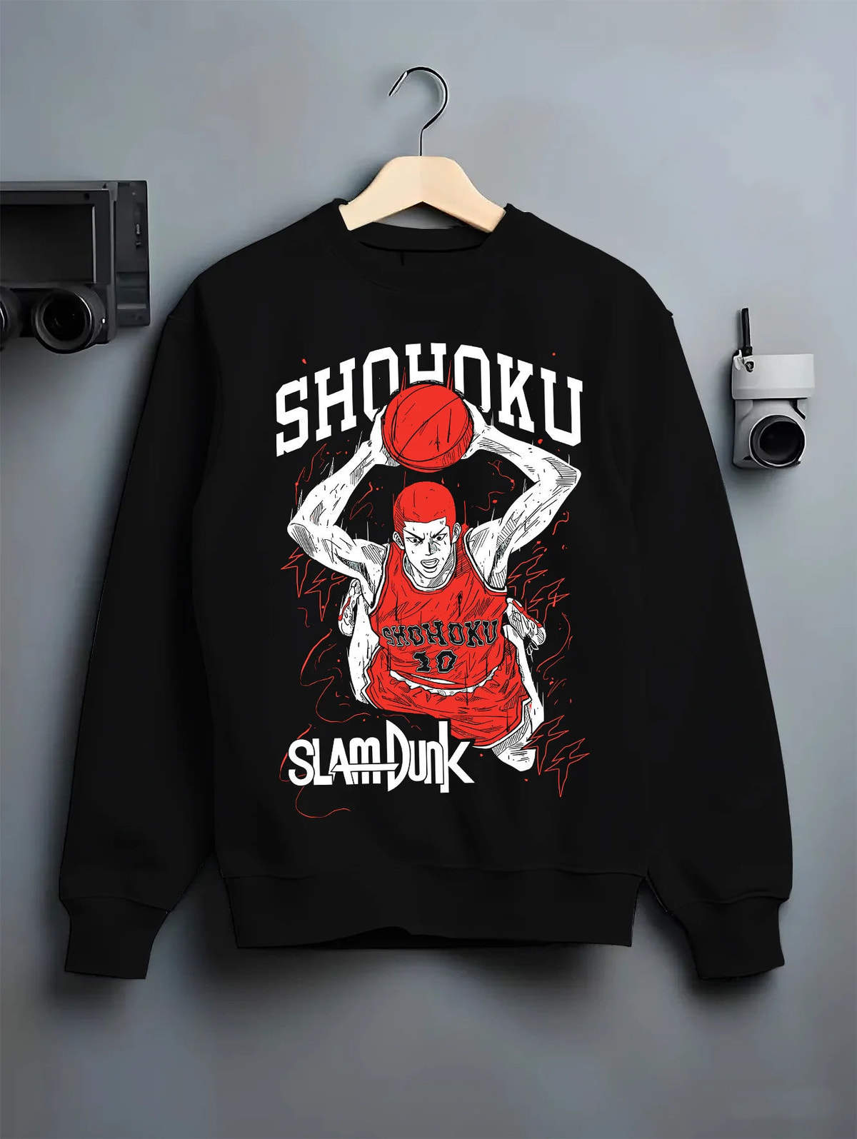 Black crewneck sweatshirt on hanger showing Hanamichi Sakuragi from Slam Dunk: Shohoku basketball poster