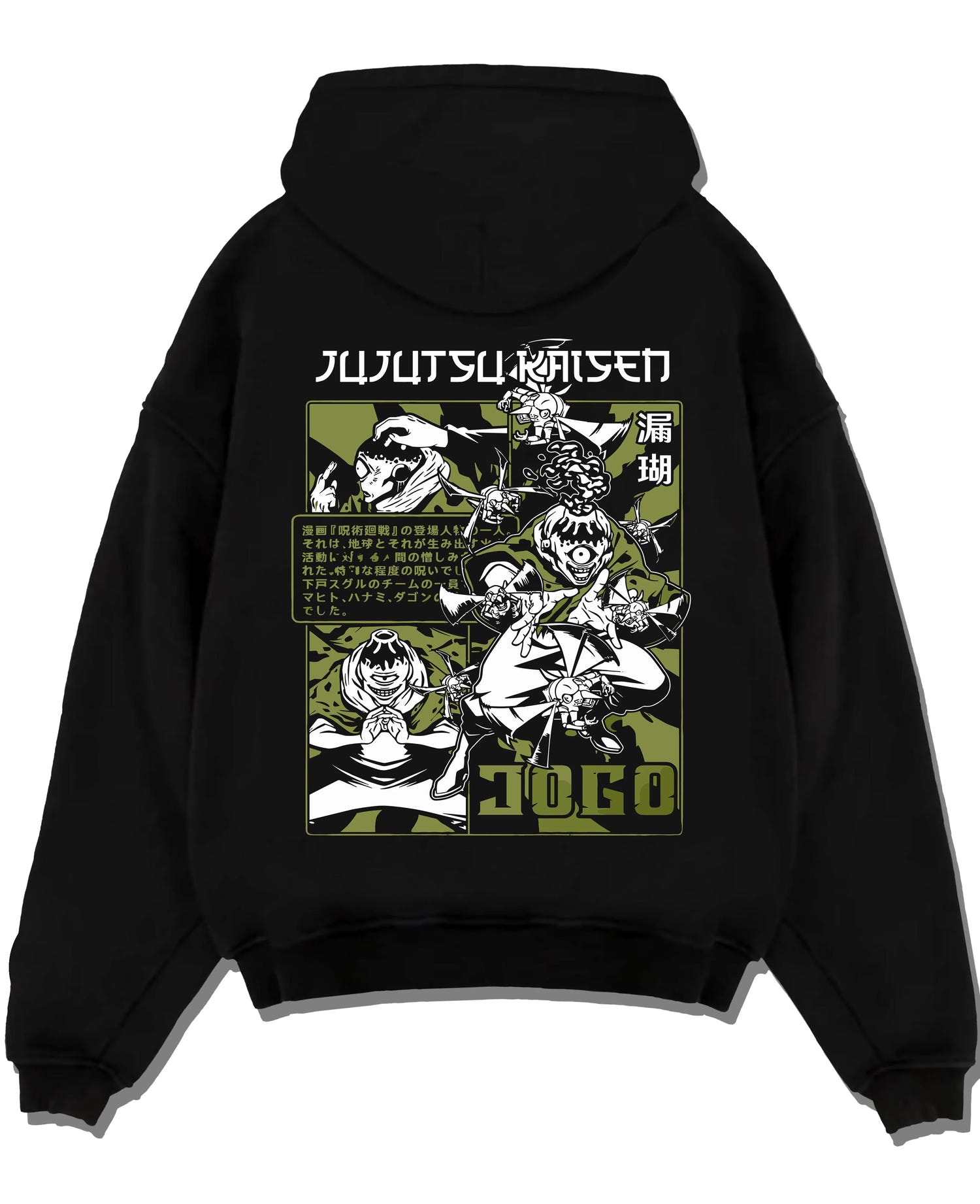 Black pullover hoodie laid flat with Jujutsu Kaisen Hoodie Hanami Cursed Spirit Jumper graphic streetwear graphic.