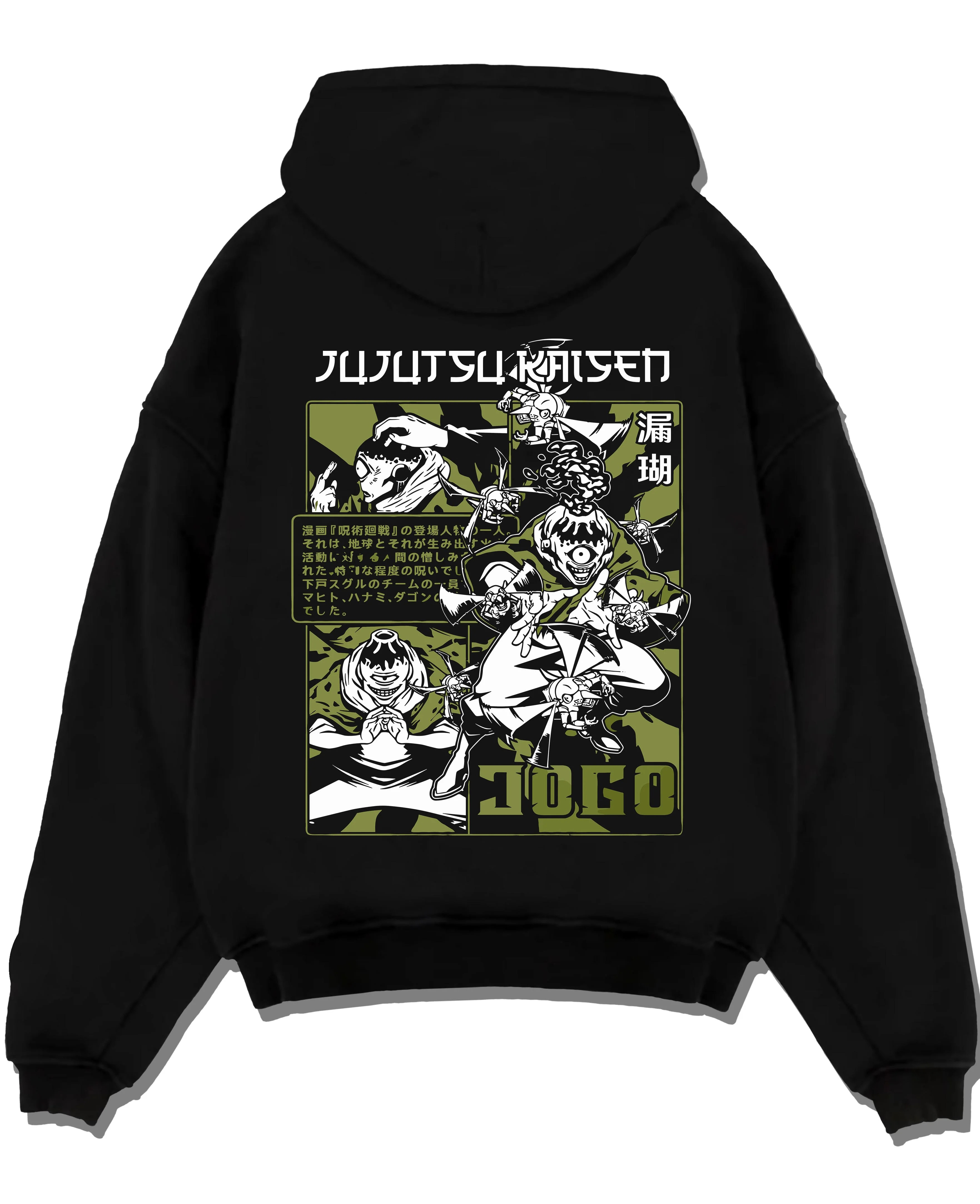 Black pullover hoodie laid flat with Jujutsu Kaisen Hoodie Hanami Cursed Spirit Jumper graphic streetwear graphic.