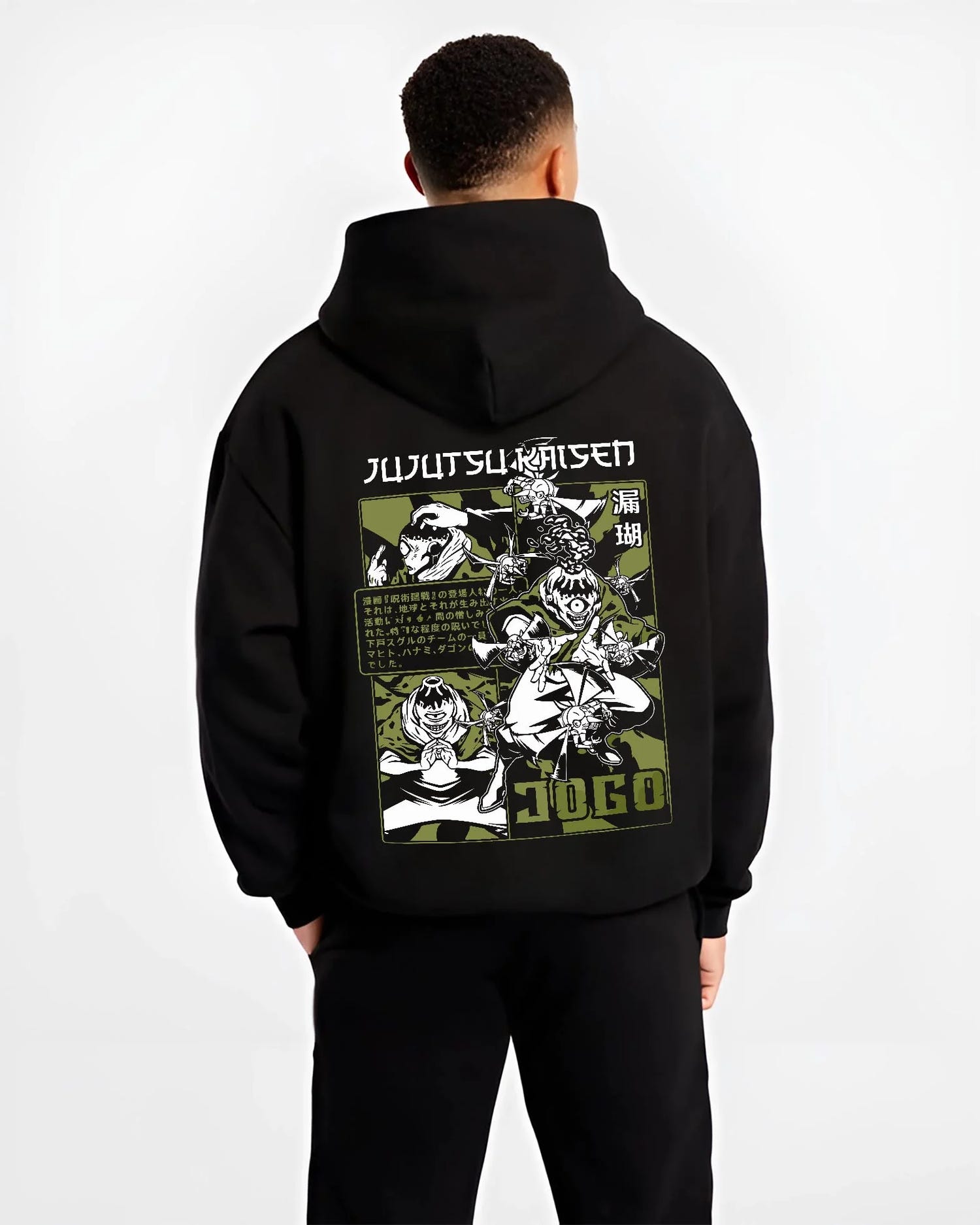 Black hoodie worn by male model, back view with Jujutsu Kaisen Hoodie Hanami Cursed Spirit Jumper graphic premium wear.