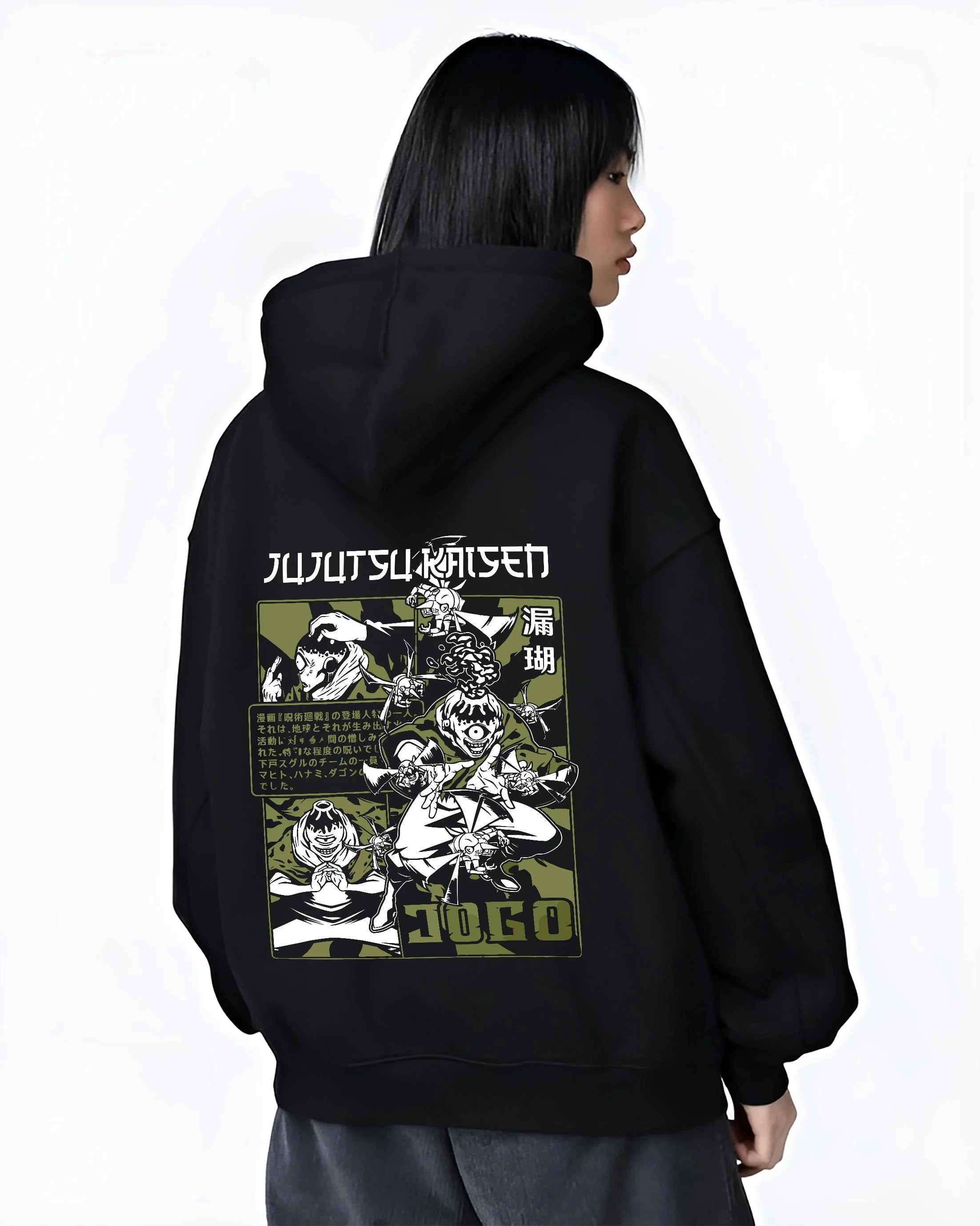 Black hoodie worn by female model, back view with Jujutsu Kaisen Hoodie Hanami Cursed Spirit Jumper graphic Hanami anime design.