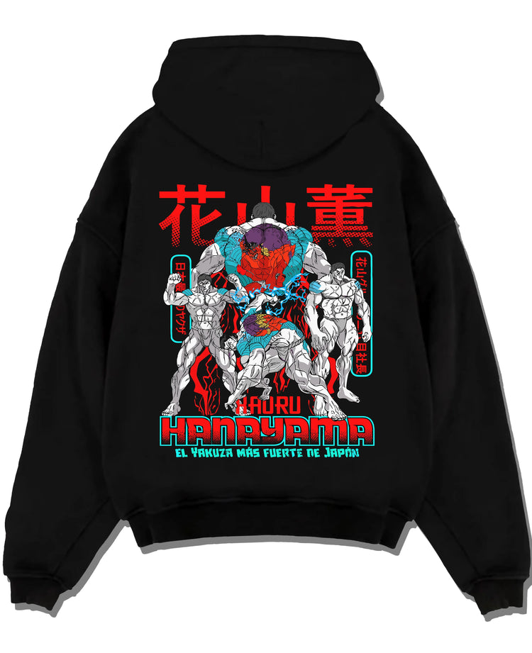 Black pullover hoodie laid flat with Kengan Ashura Hoodie Kaoru Hanayama Power Jumper graphic bold anime graphic.