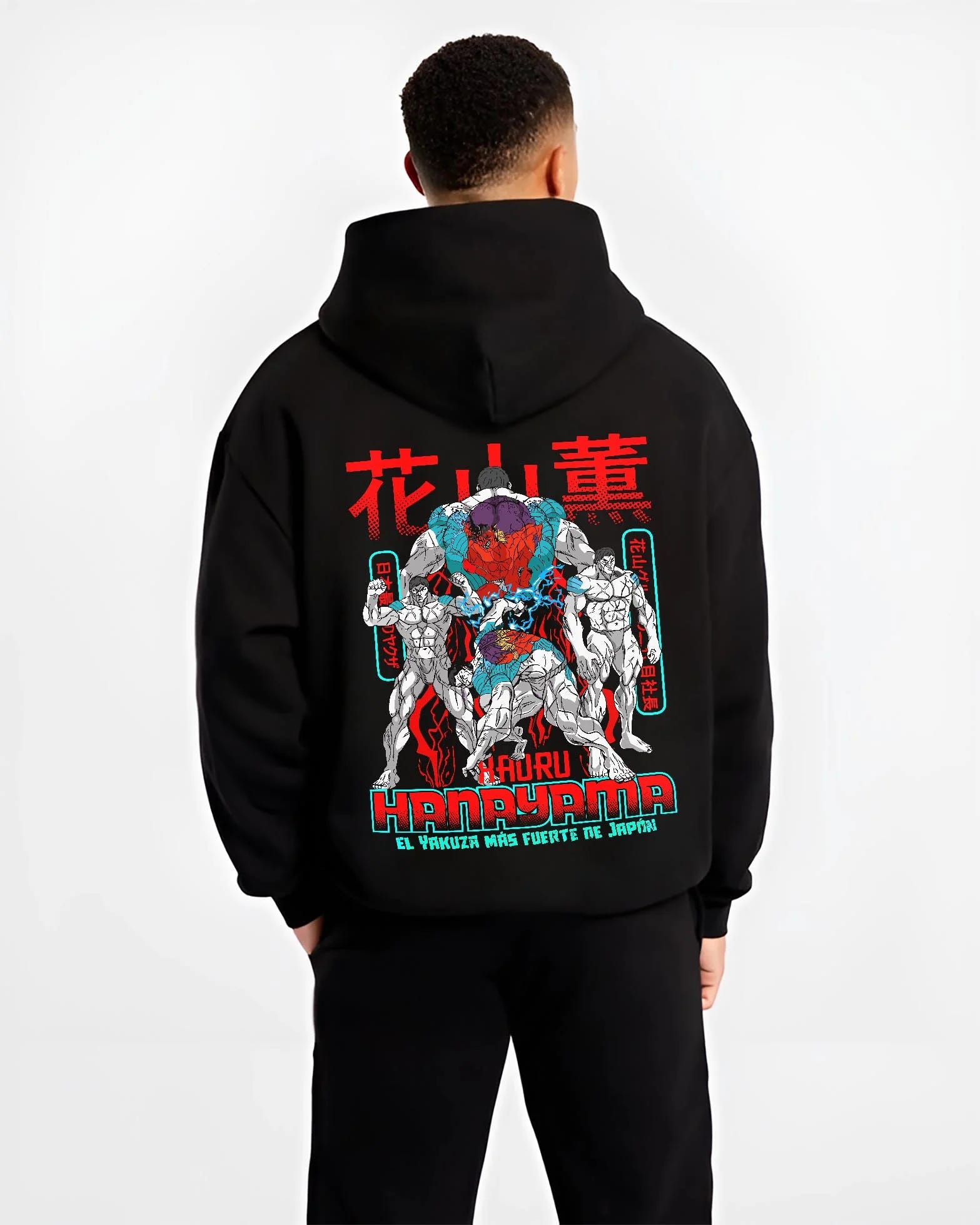 Black hoodie worn by male model, back view with Kengan Ashura Hoodie Kaoru Hanayama Power Jumper graphic bold anime graphic.