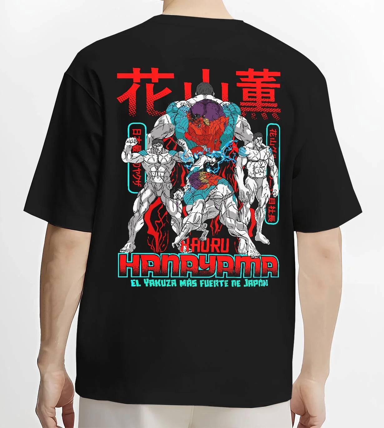 Black T-shirt worn by male model, back view with Kengan Ashura Hoodie Kaoru Hanayama Power Jumper graphic bold anime graphic.