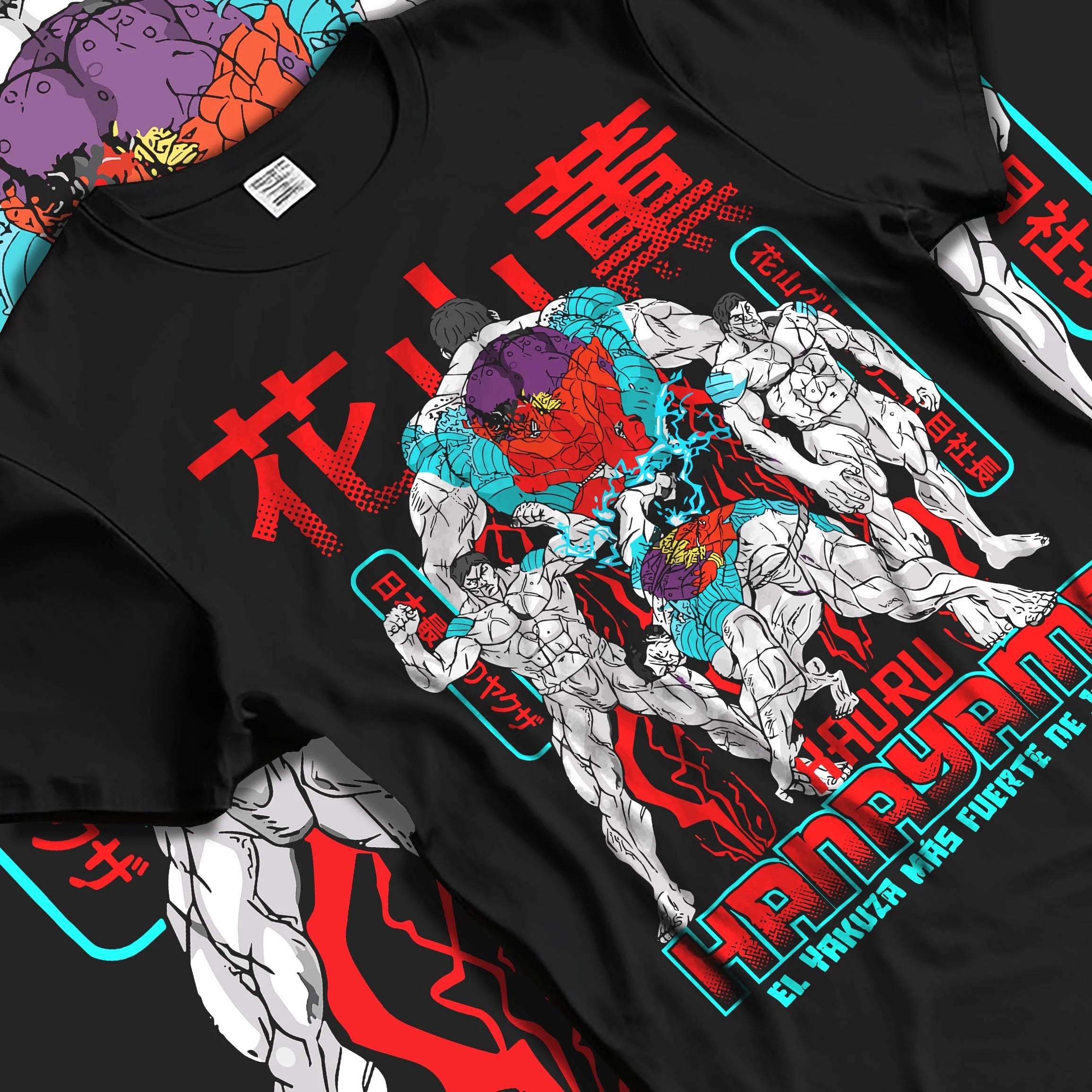 Black T-shirt laid flat with natural folds with Kengan Ashura Hoodie Kaoru Hanayama Power Jumper graphic bold anime graphic.