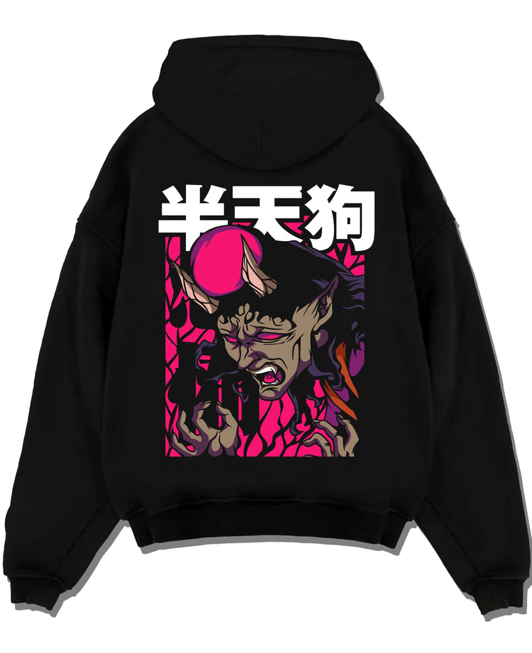 Black pullover hoodie laid flat featuring Hannya demon anime poster inspired design with bold retro manga graphic and Japanese streetwear aesthetic.