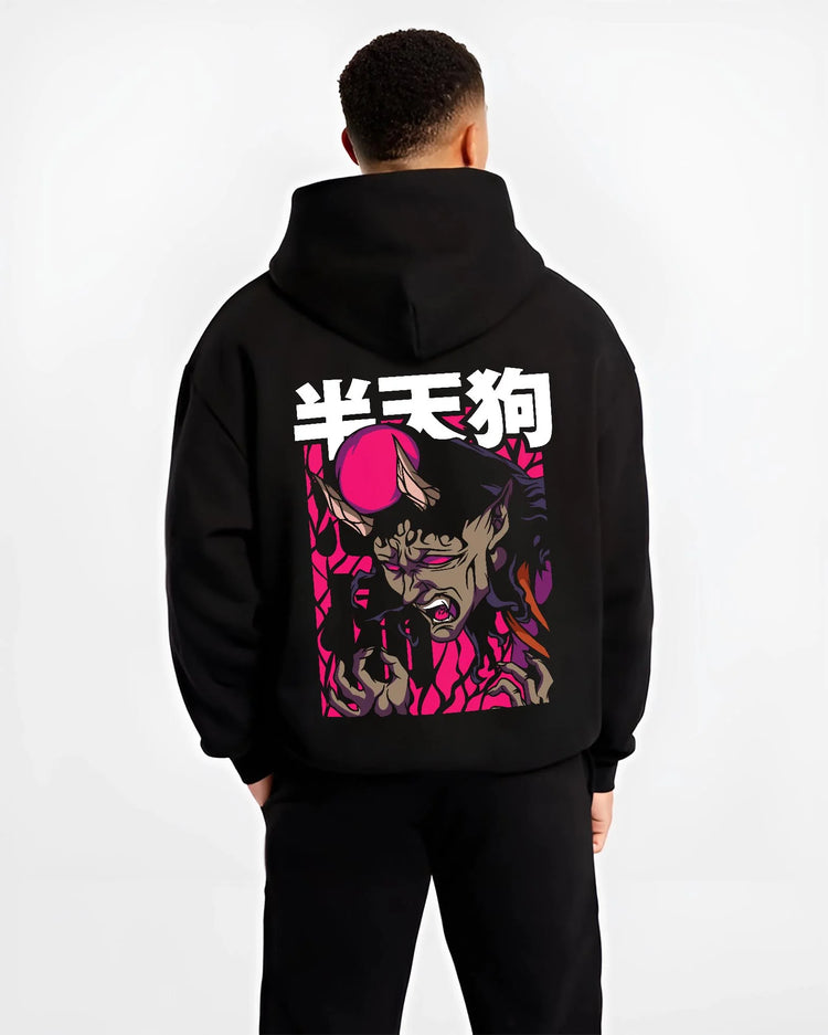 Black hoodie worn by male model, back view showcasing vibrant yokai demon artwork in anime poster inspired Japanese streetwear graphic style.