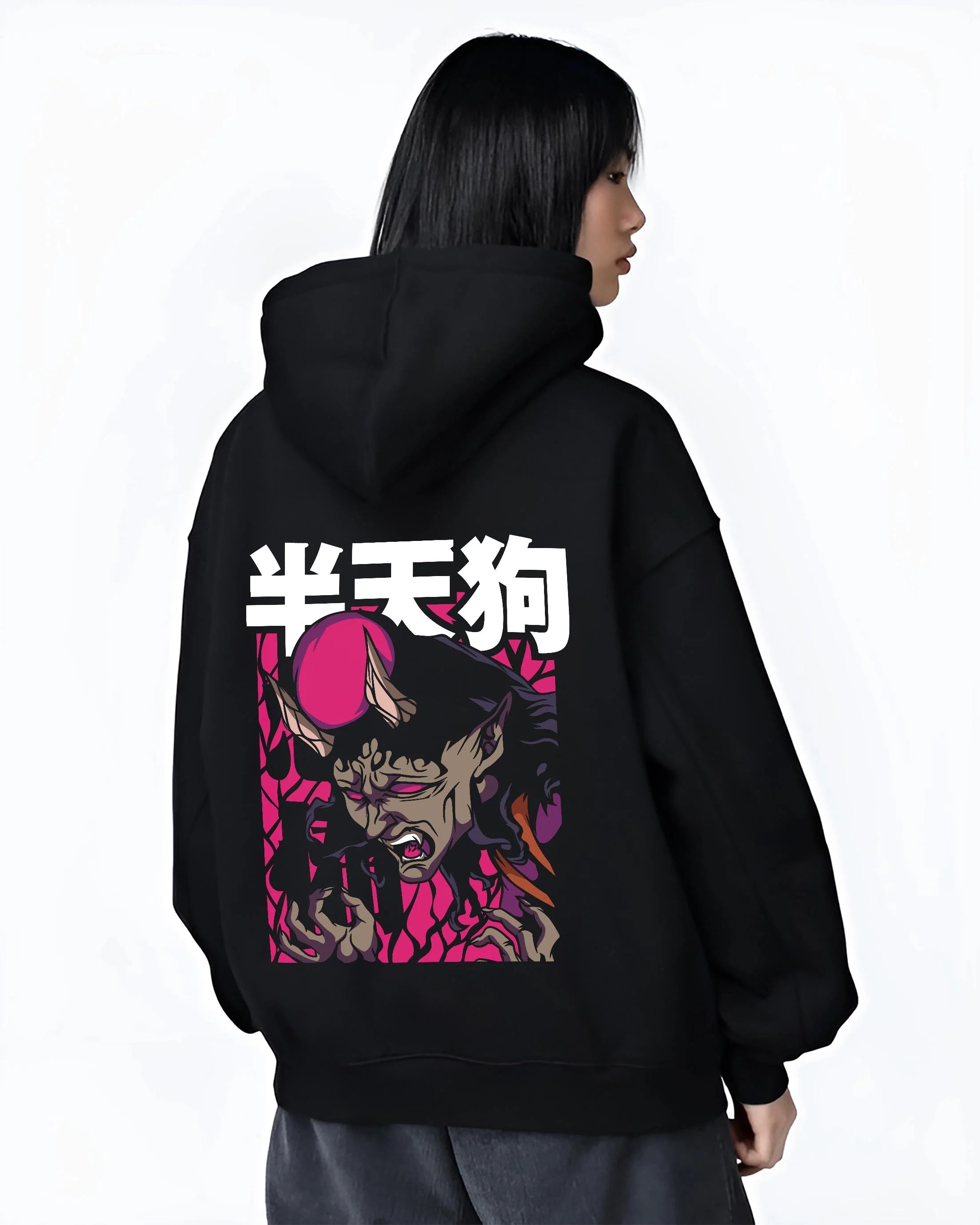 Black hoodie worn by female model, back view with bold Hannya demon retro manga graphic, perfect for Japanese animation streetwear fans.