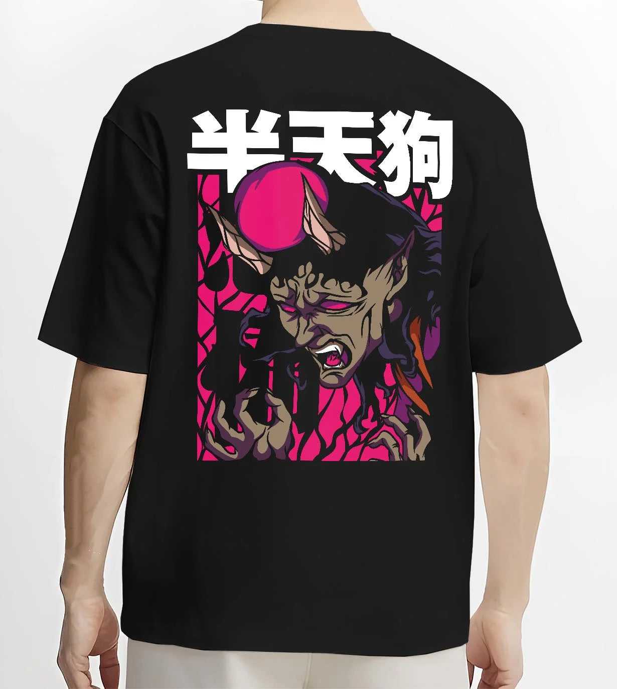 Black T-shirt worn by male model, back view featuring Hannya demon anime graphic in cult classic poster design for Japanese streetwear lovers.
