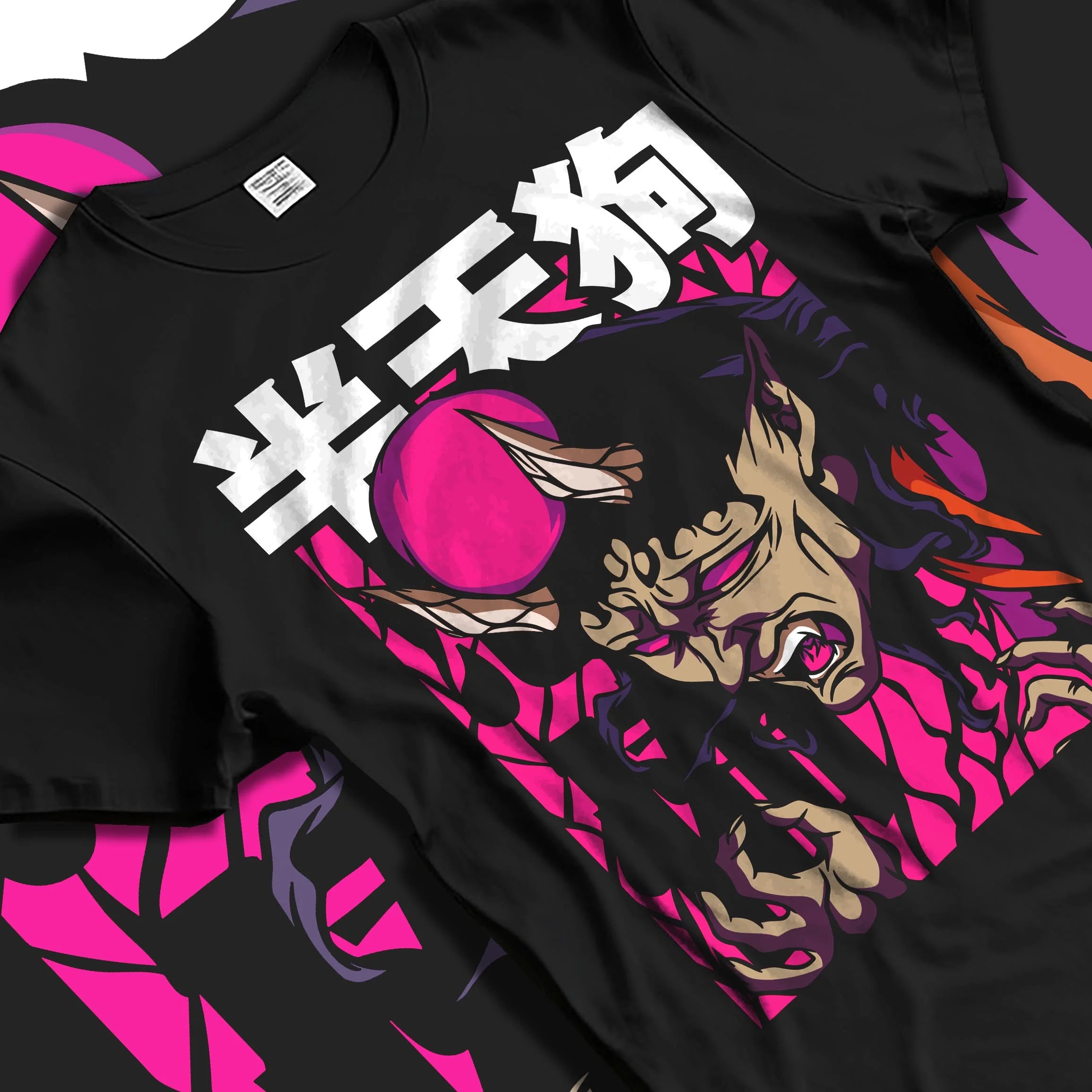 Black T-shirt laid flat with natural folds showing bold retro manga inspired Hannya demon artwork, Japanese anime streetwear aesthetic.