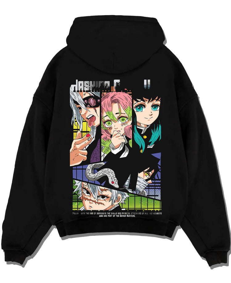 Black pullover hoodie laid flat with Demon Slayer Hoodie Hashira Corps Group Jumper graphic streetwear graphic.