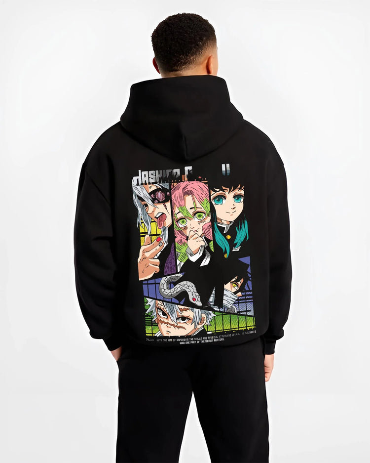 Black hoodie worn by male model, back view with Demon Slayer Hoodie Hashira Corps Group Jumper graphic premium wear.