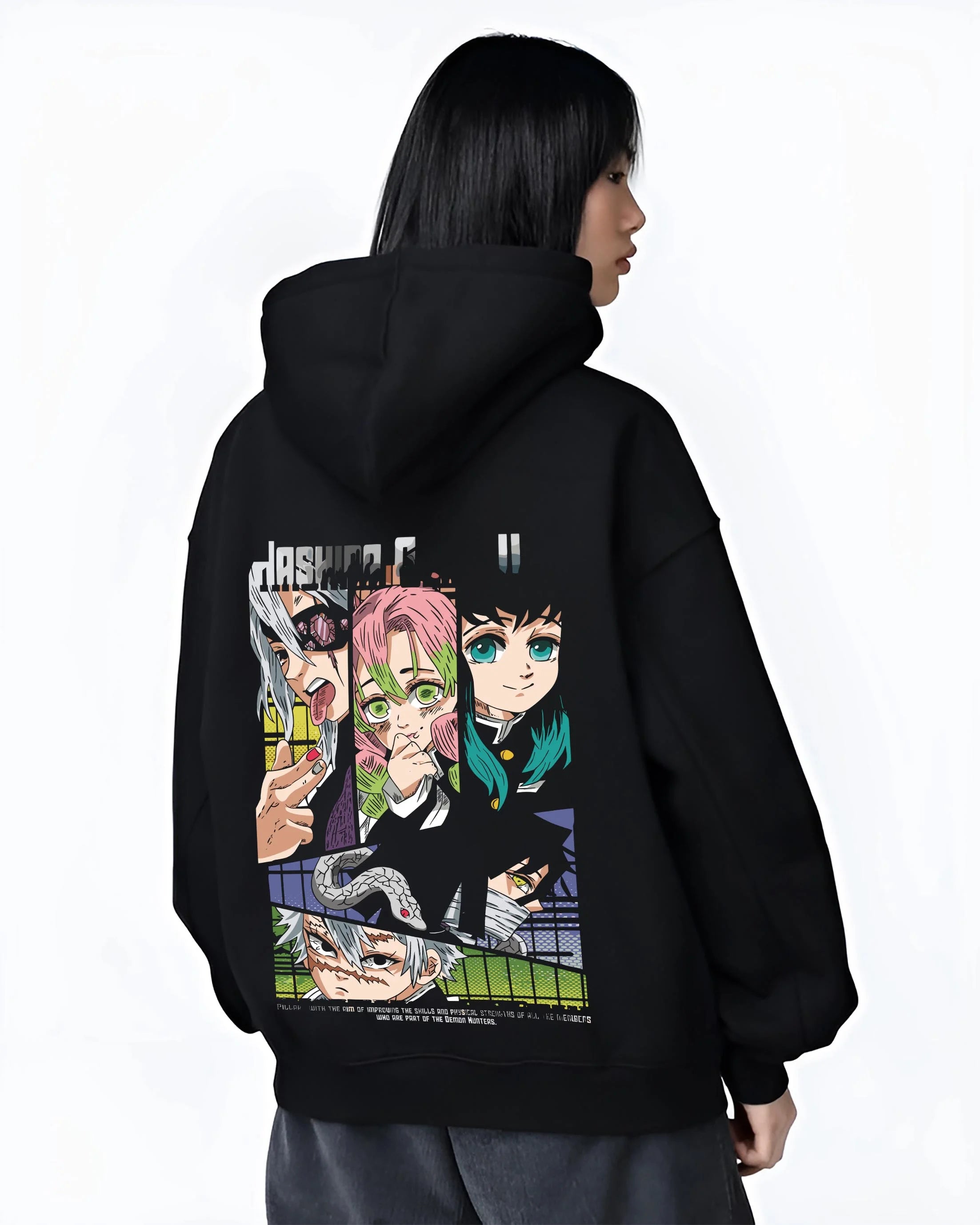 Black hoodie worn by female model, back view with Demon Slayer Hoodie Hashira Corps Group Jumper graphic bold anime graphic.