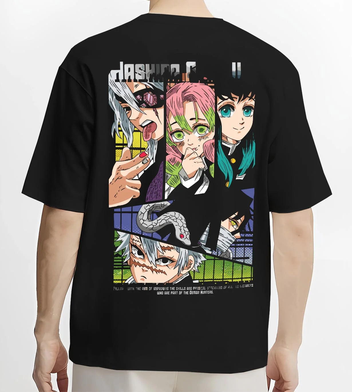 Black T-shirt worn by male model, back view with Demon Slayer Hoodie Hashira Corps Group Jumper graphic premium wear.