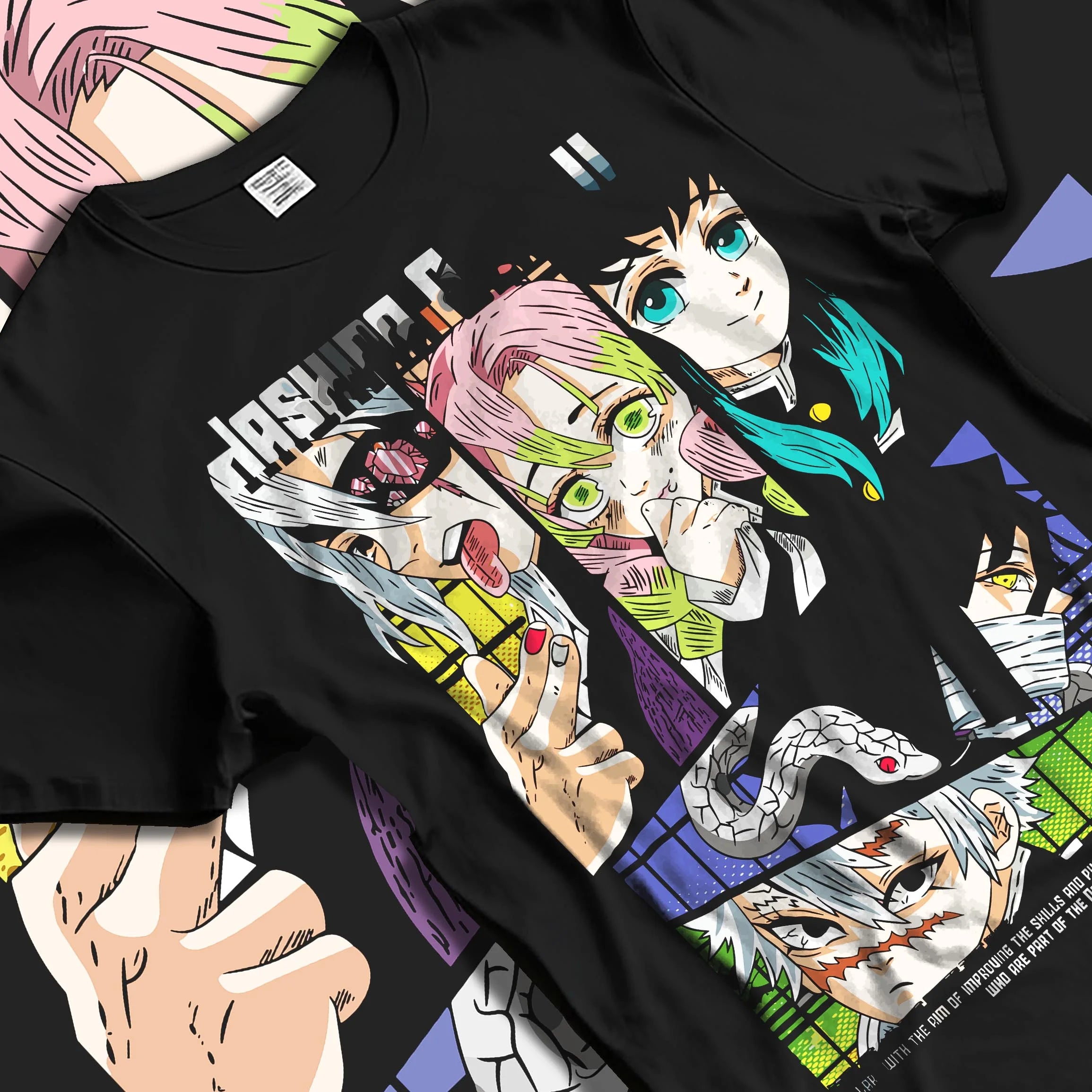 Black T-shirt laid flat with natural folds with Demon Slayer Hoodie Hashira Corps Group Jumper graphic nan themed artwork.