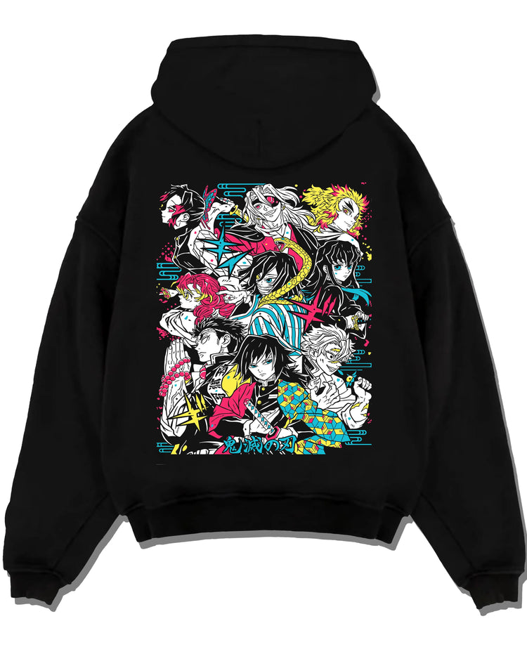 Black pullover hoodie laid flat with Demon Slayer Hoodie Hashira Corps Gathering Jumper graphic nan themed artwork.