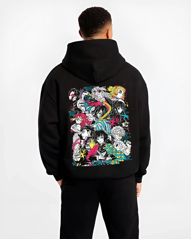 Black hoodie worn by male model, back view with Demon Slayer Hoodie Hashira Corps Gathering Jumper graphic bold anime graphic.