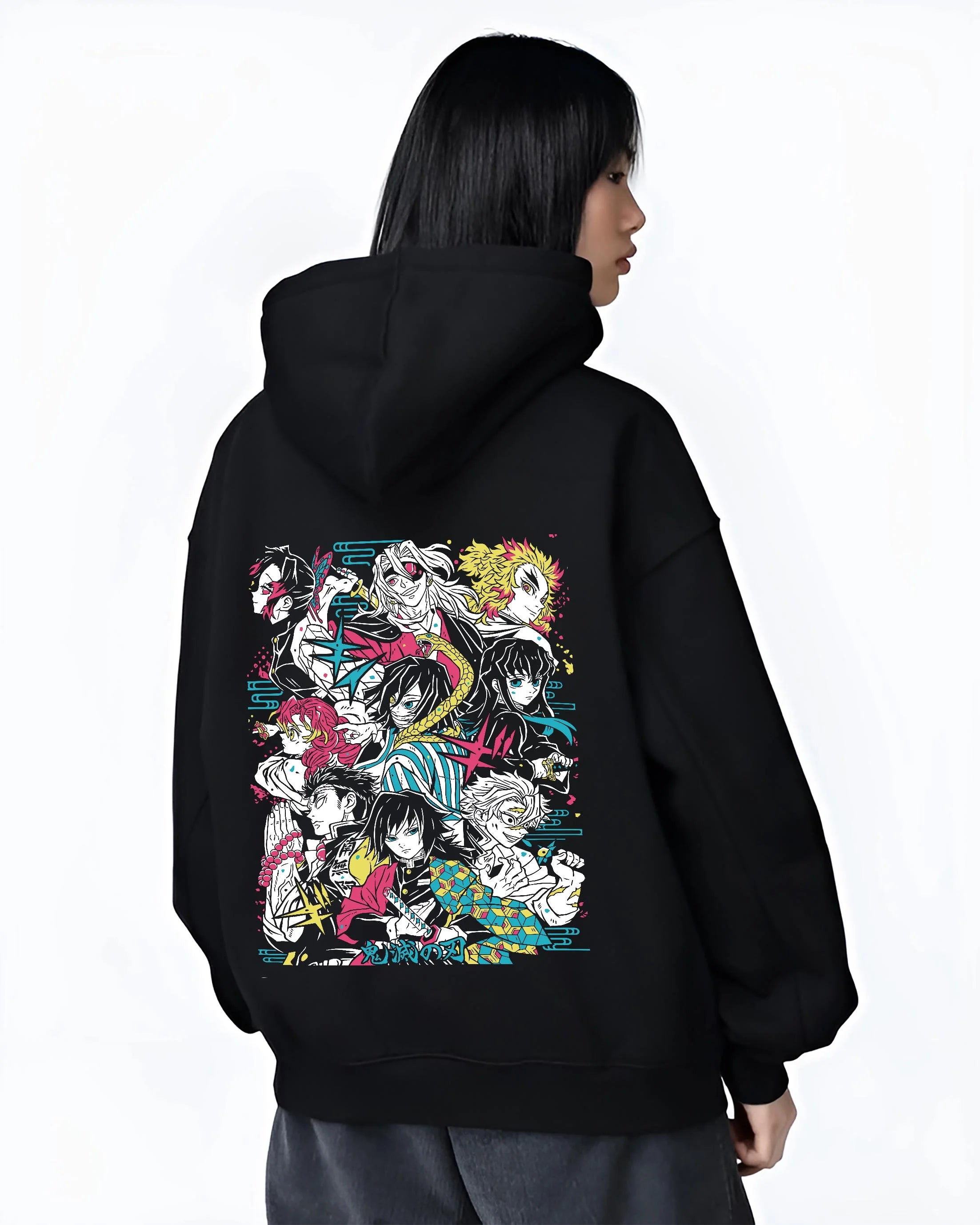 Black hoodie worn by female model, back view with Demon Slayer Hoodie Hashira Corps Gathering Jumper graphic nan themed artwork.