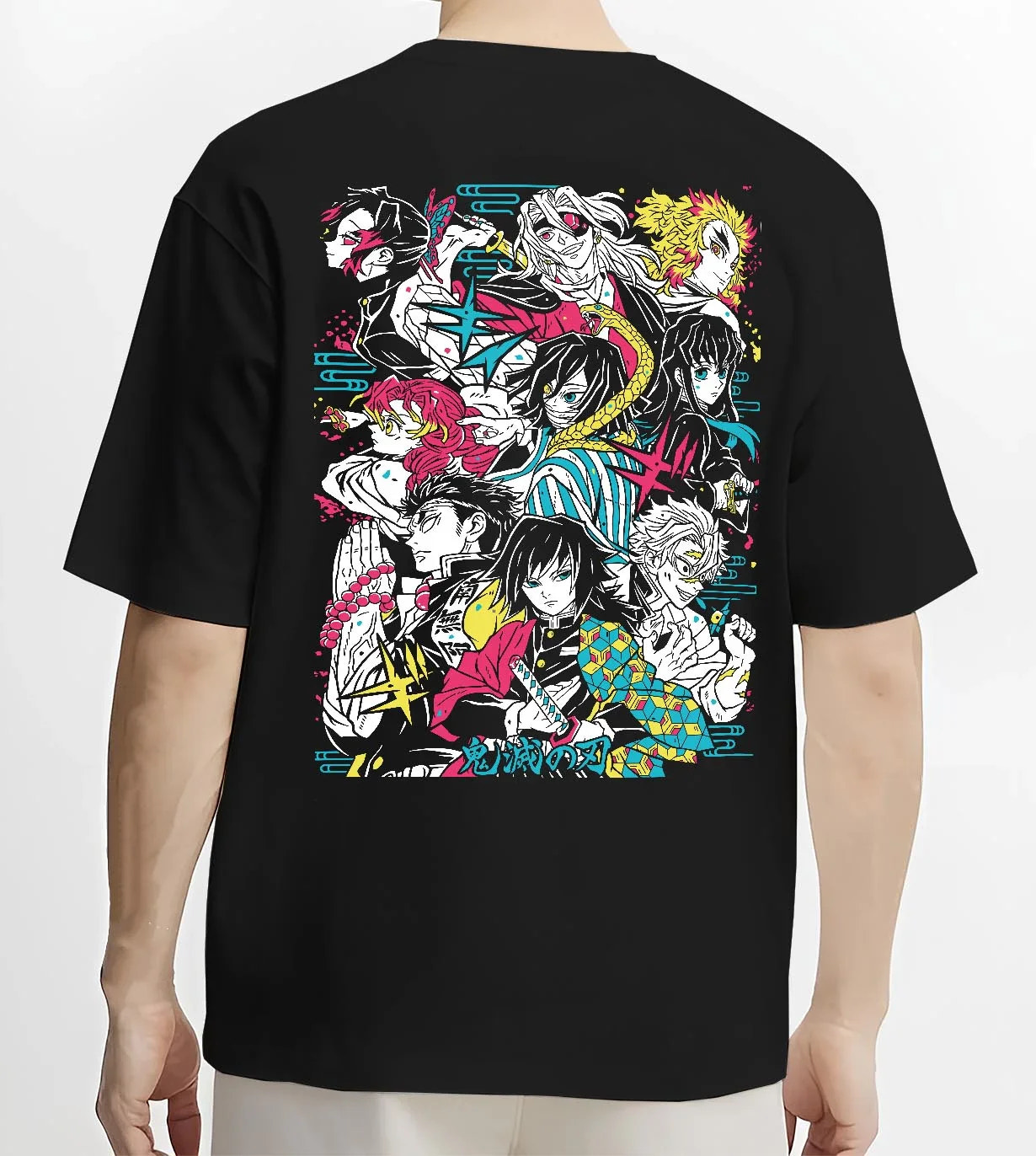 Black T-shirt worn by male model, back view with Demon Slayer Hoodie Hashira Corps Gathering Jumper graphic bold anime graphic.