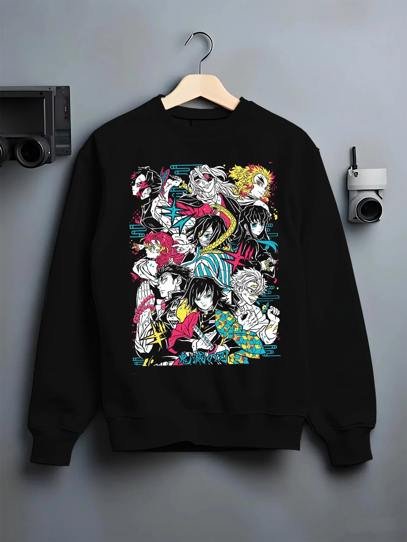 Black crewneck sweatshirt on hanger with Demon Slayer Hoodie Hashira Corps Gathering Jumper graphic bold anime graphic.