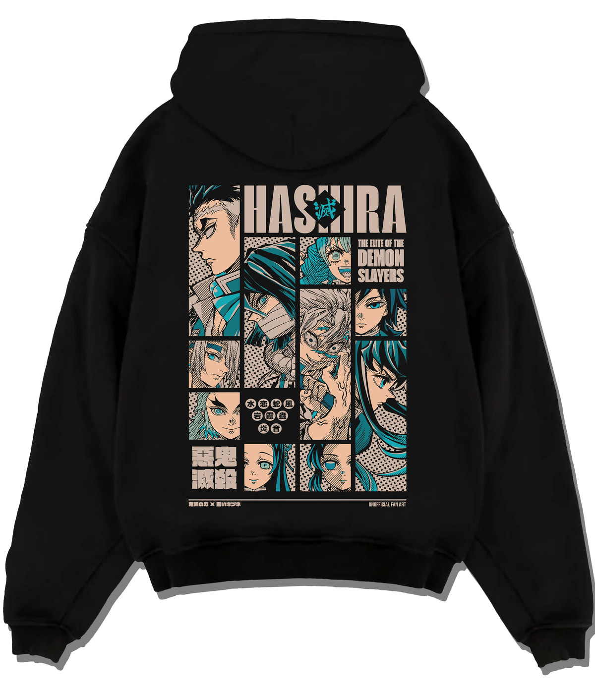 Black hoodie flat back view showing Demon Slayer: Hashira portraits