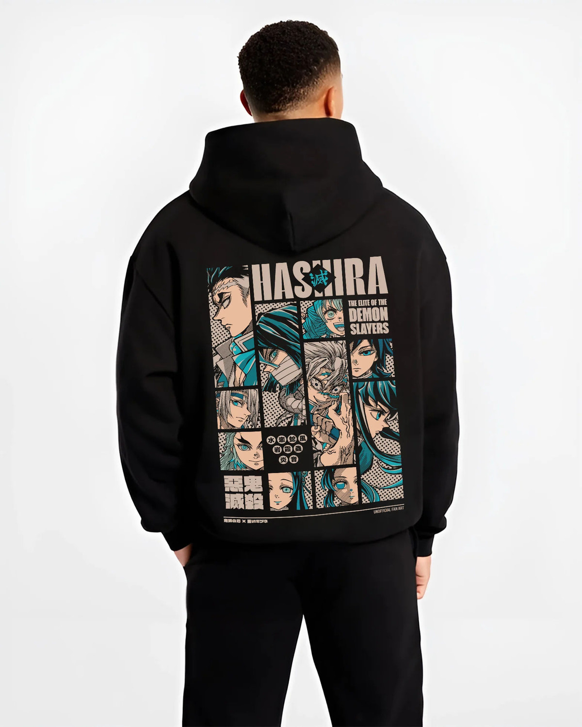 Black hoodie model back view showing Demon Slayer: Hashira portraits