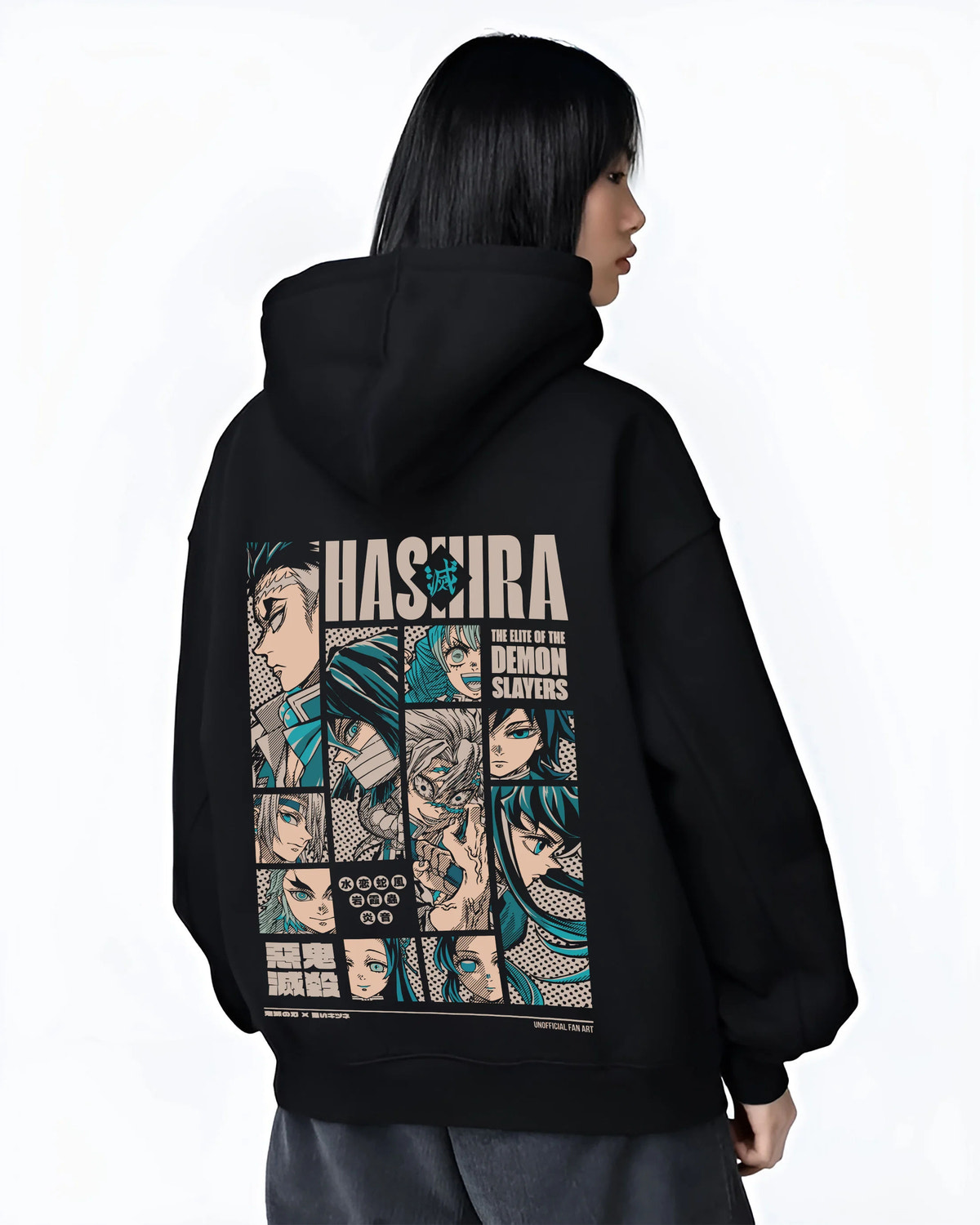 Black hoodie female model back view showing Demon Slayer: Hashira portraits