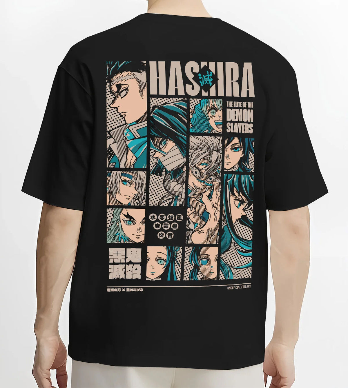 Black T-shirt model back view showing Demon Slayer: Hashira portraits