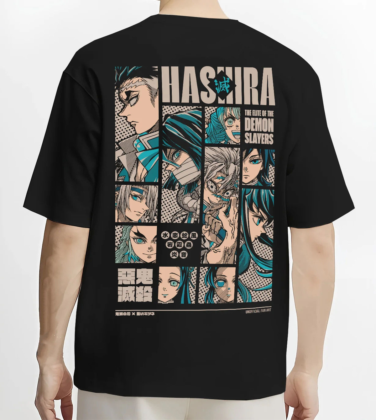 Black T-shirt model back view showing Demon Slayer: Hashira portraits