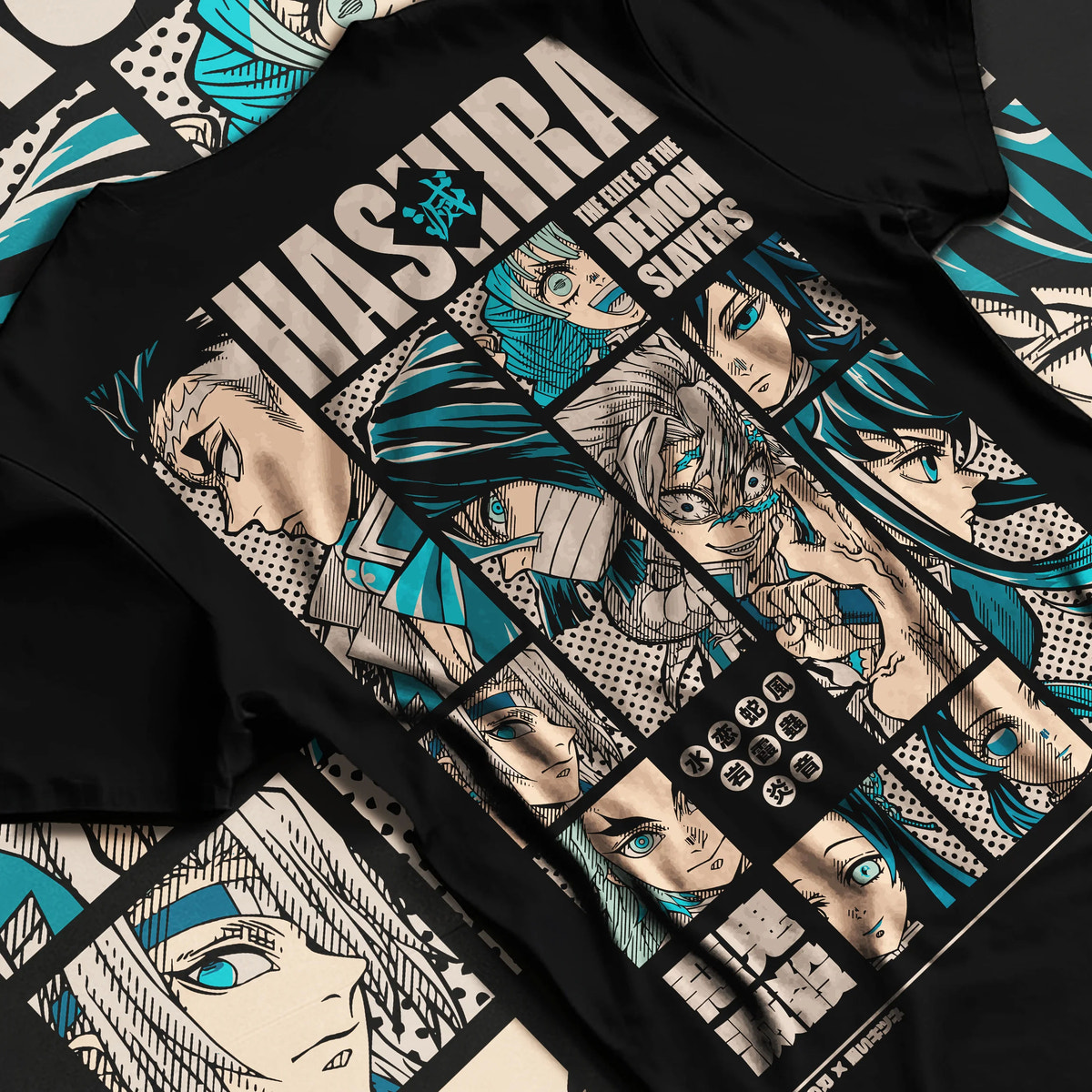 Black T-shirt flat back view showing Demon Slayer: Hashira portraits
