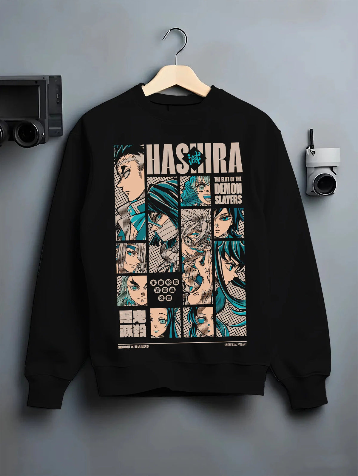 Black crewneck sweatshirt on hanger showing Demon Slayer: Hashira portraits