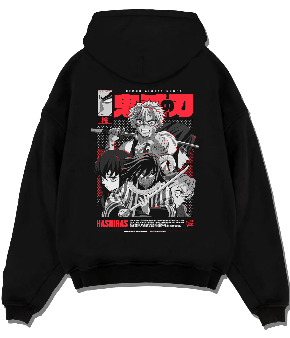 Black hoodie flat back view showing Demon Slayer Hashira ensemble: manga collage