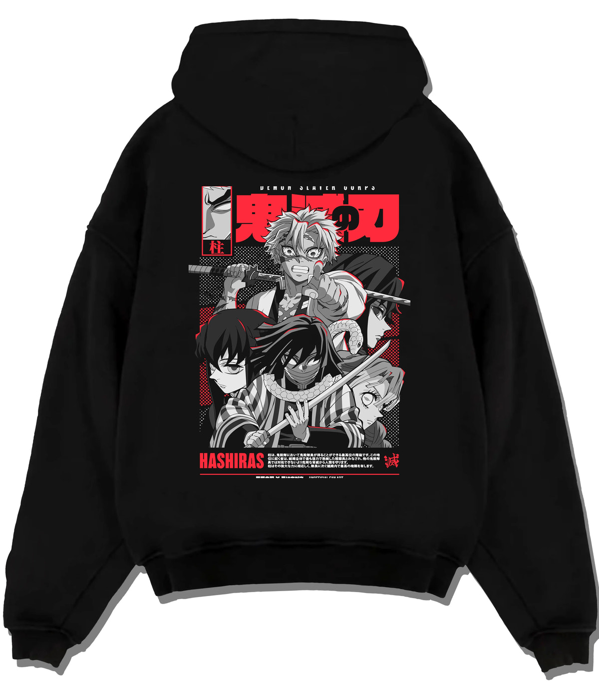 Black hoodie flat back view showing Demon Slayer Hashira ensemble: manga collage