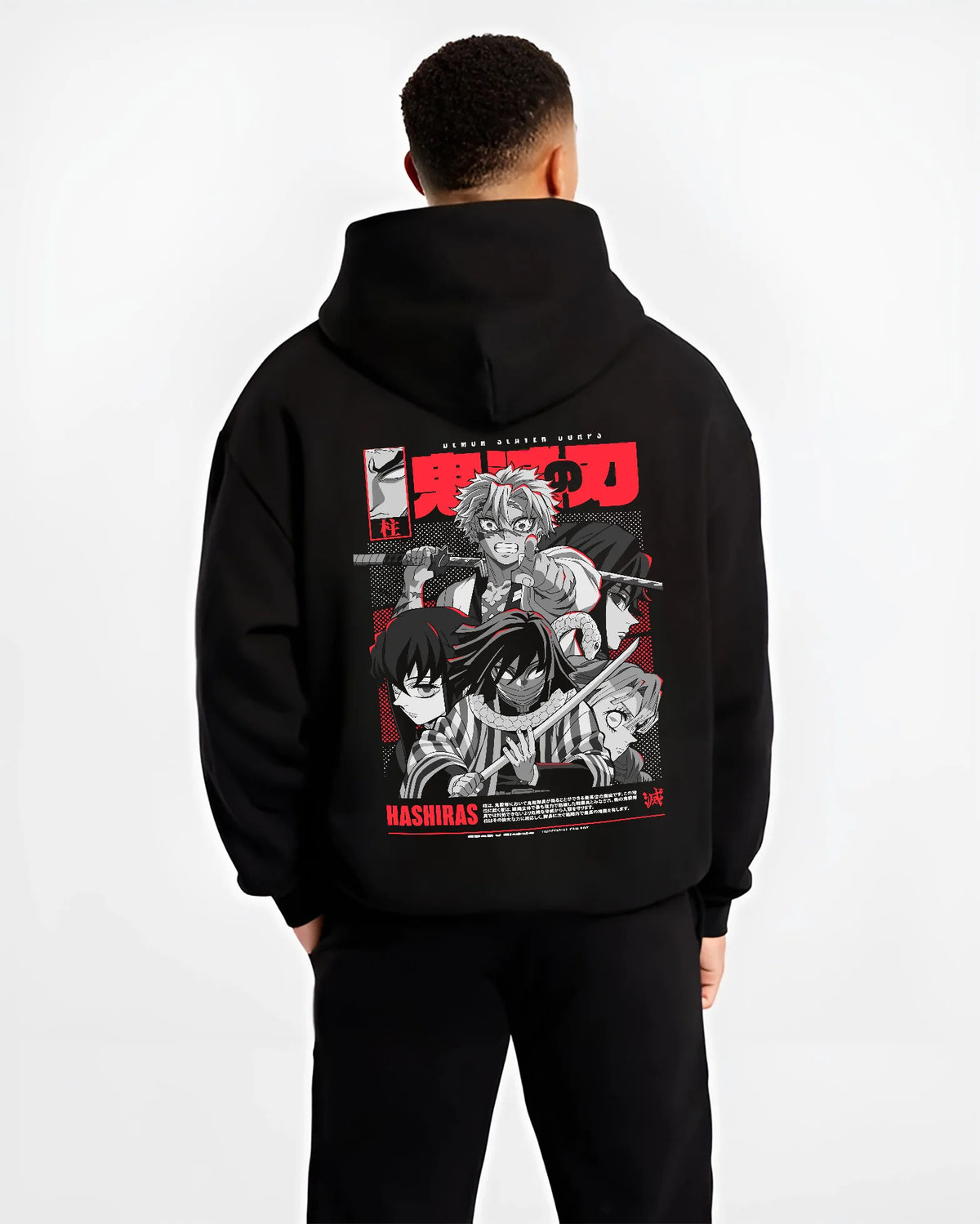 Black hoodie model back view showing Demon Slayer Hashira ensemble: manga collage