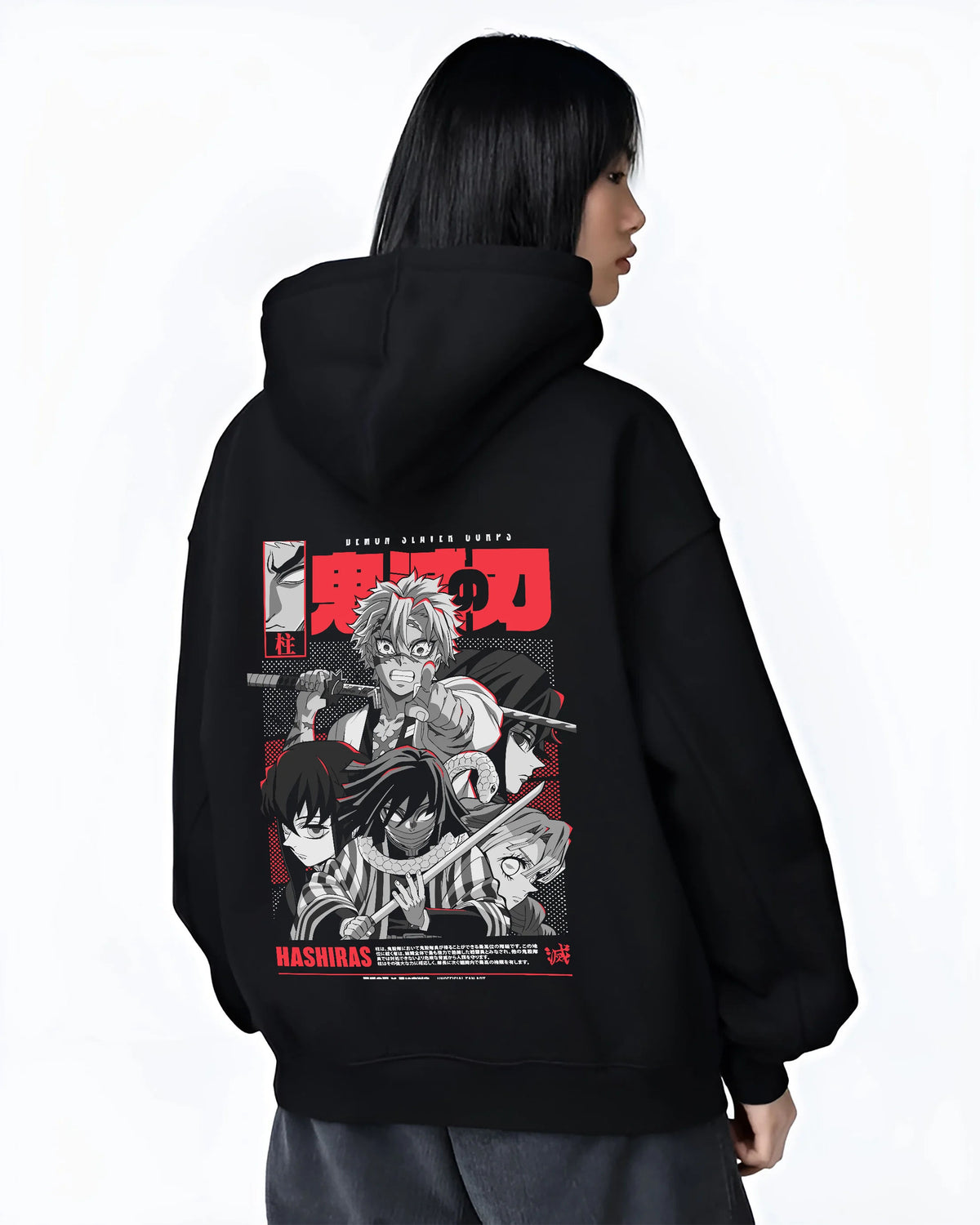 Black hoodie female model back view showing Demon Slayer Hashira ensemble: manga collage