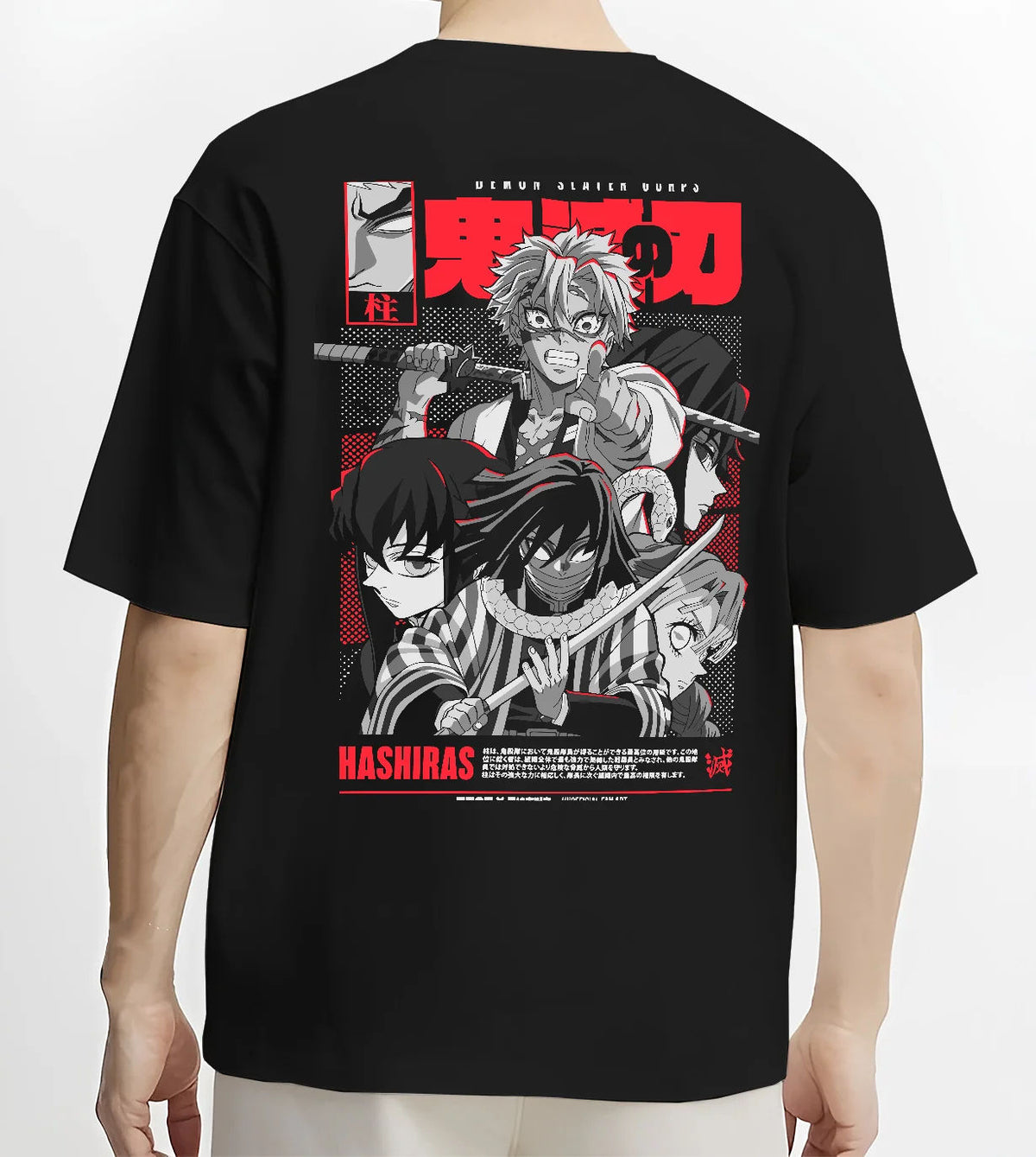 Black T-shirt model back view showing Demon Slayer Hashira ensemble: manga collage