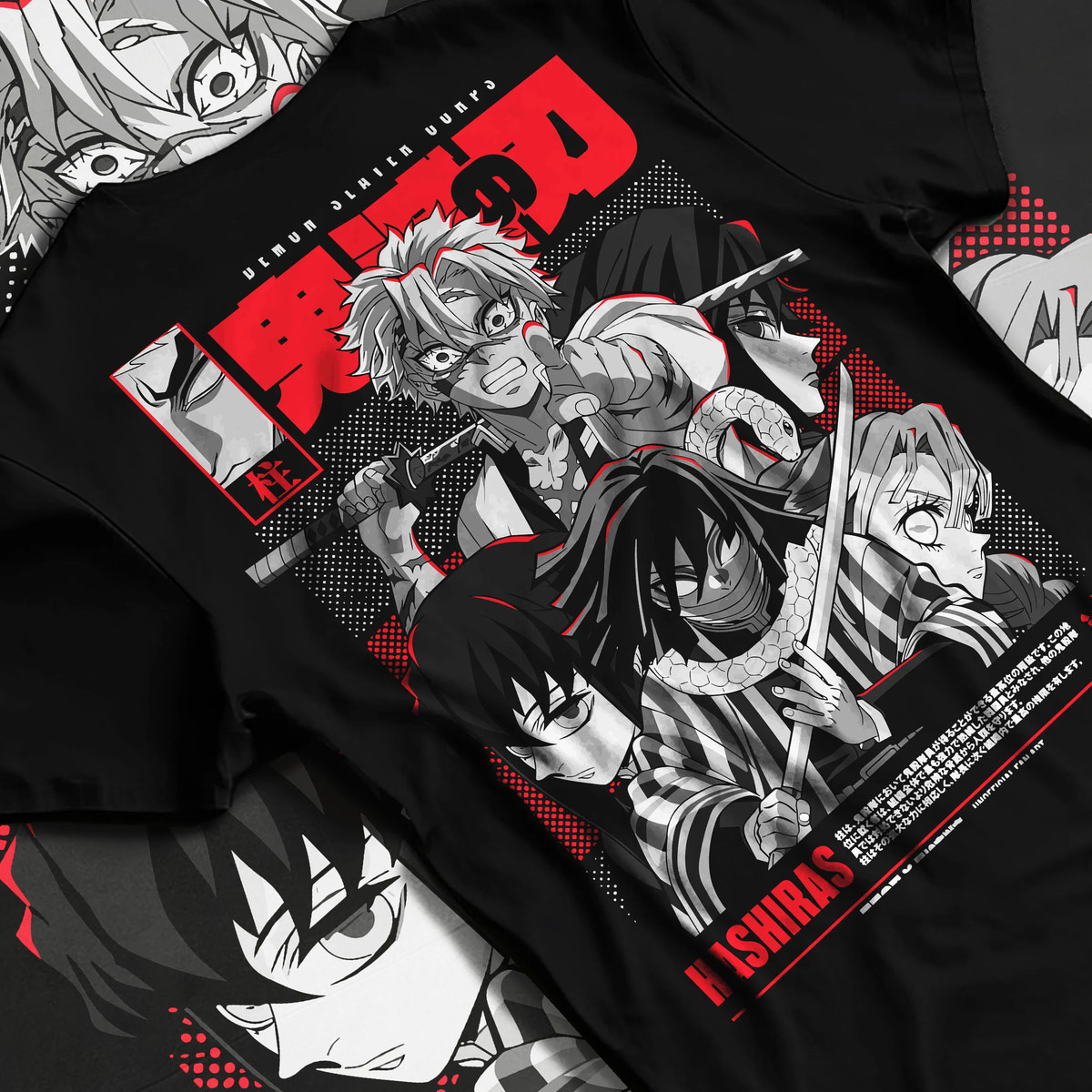Black T-shirt flat back view showing Demon Slayer Hashira ensemble: manga collage
