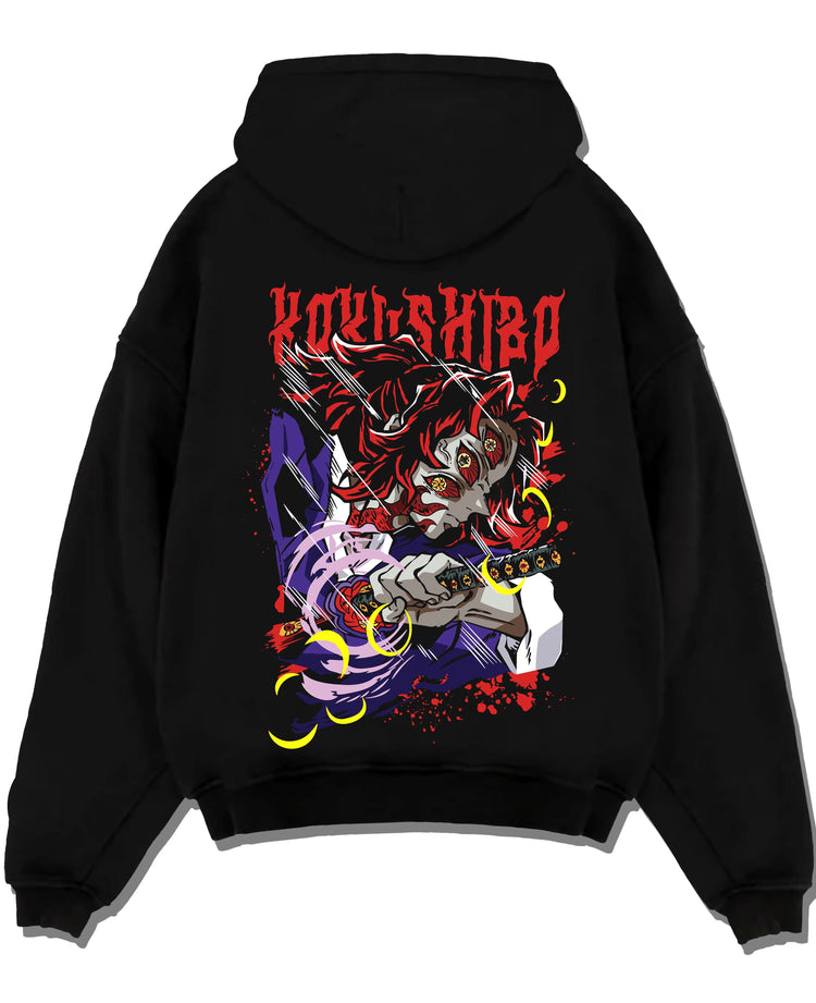 Black pullover hoodie laid flat with Demon Slayer Hoodie Kokushibo Upper Moon Jumper graphic bold anime graphic.
